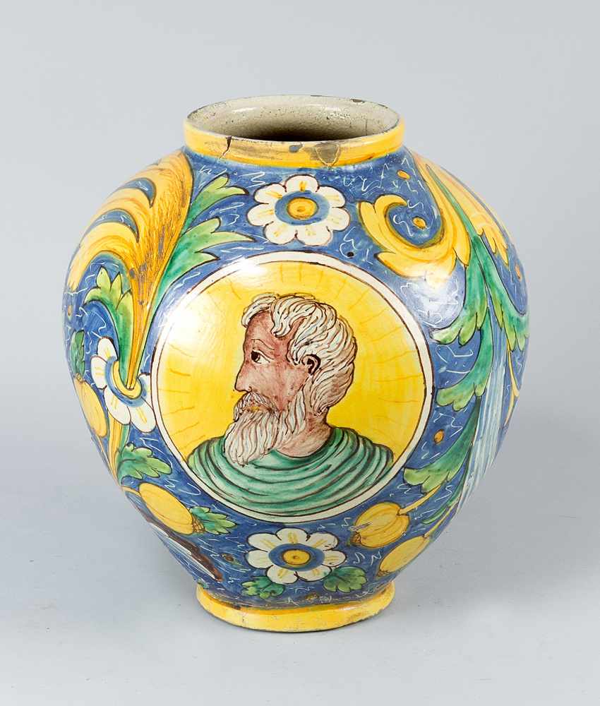 Venetian Majolica VaseVenetian majolica vase, round ball shape with thin neck painted with male