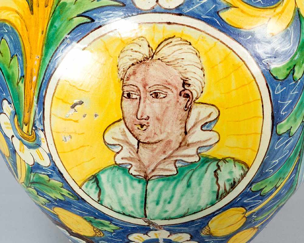 Venetian Majolica VaseVenetian majolica vase, round ball shape with thin neck painted with male - Image 3 of 3