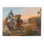 Indian school 19.th centuryIndian school 19.th century, lions attacking travelers oil on