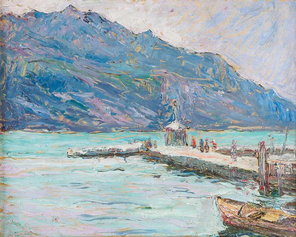 Unknown Artist 20.th century Unknown artist 20.th century, lake side harbour oil on cardboard signed - Image 2 of 3