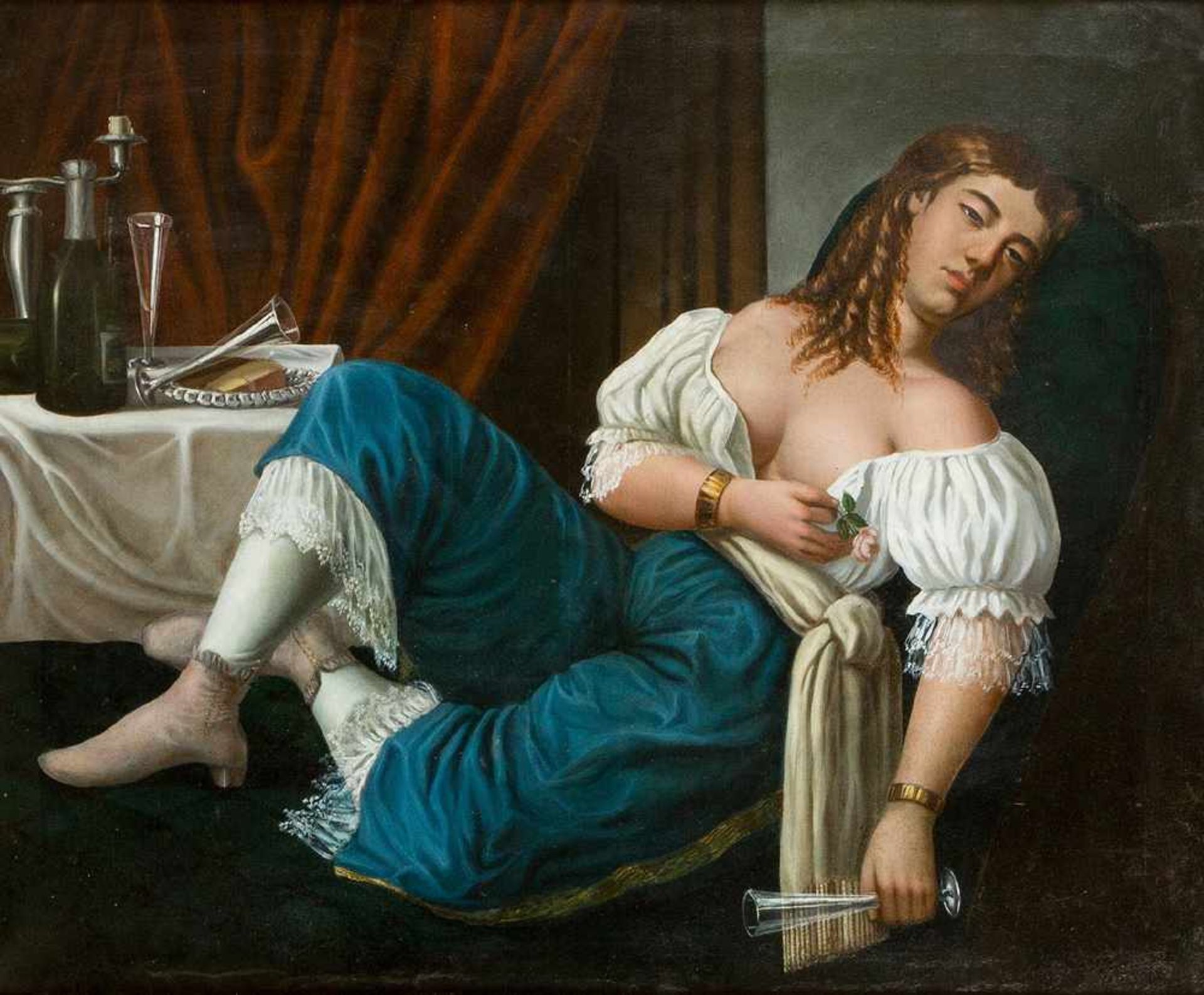 Artist around 1850, Drinking Lady,Oil canvas, framed130x80cmThis is a timed auction on our German - Bild 2 aus 3