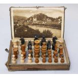 Salzburg chess set, wooden players, mounted in box with photo of the town Salzburg early 20.