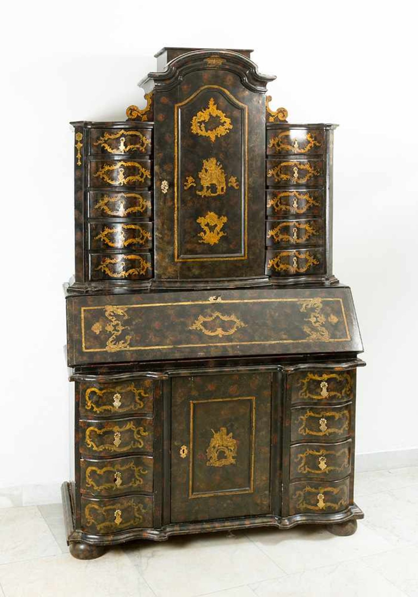 Lacca Povera secretaire,fall front, drawers, curved shape,original locks and gilded mounts, inside