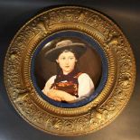 ceramic dish with painted portrait of a girl after Defregger, in bronze frame late 19.
