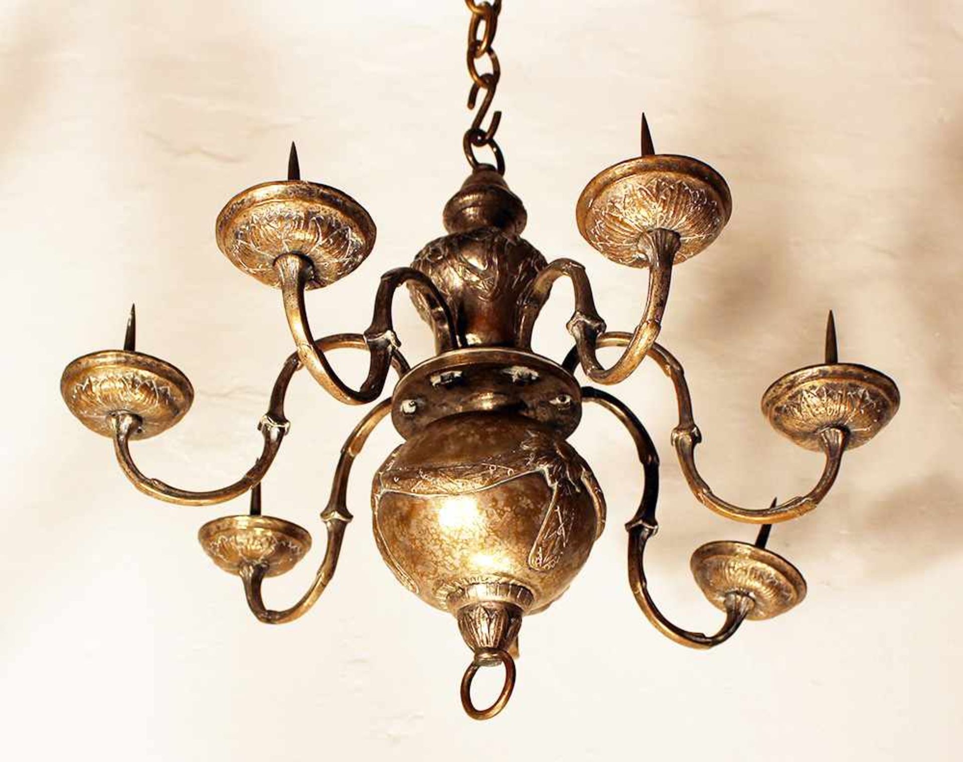 Chandelier, 6 branches, chased copper ,silvered,Austrian 18. century45cmThis is a timed auction on - Bild 2 aus 3