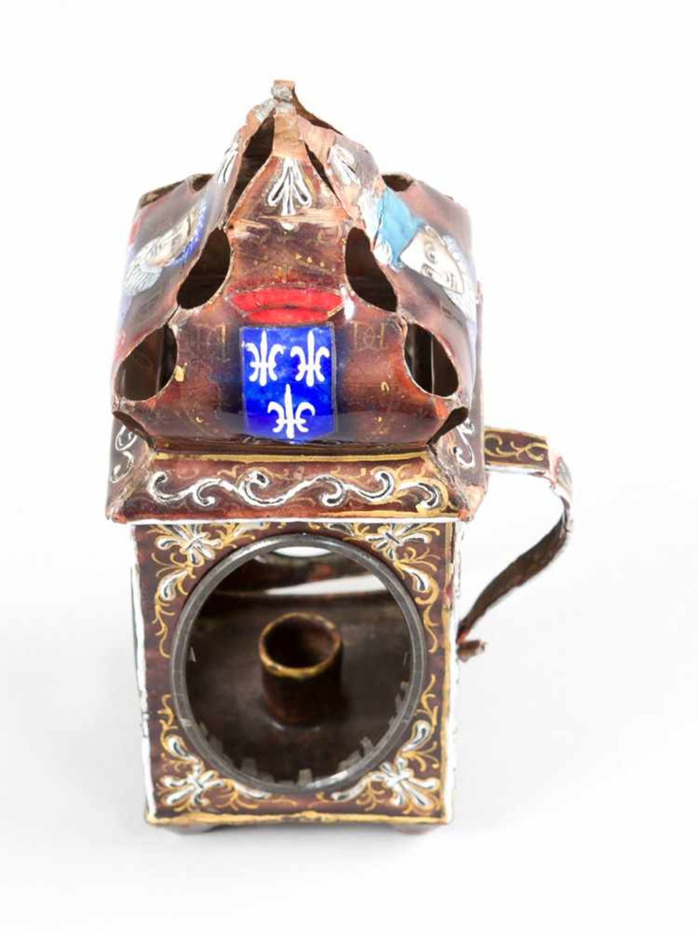 Limoges,small Lantern, copper painted enamel,18./19. Century15cmThis is a timed auction on our - Bild 2 aus 3