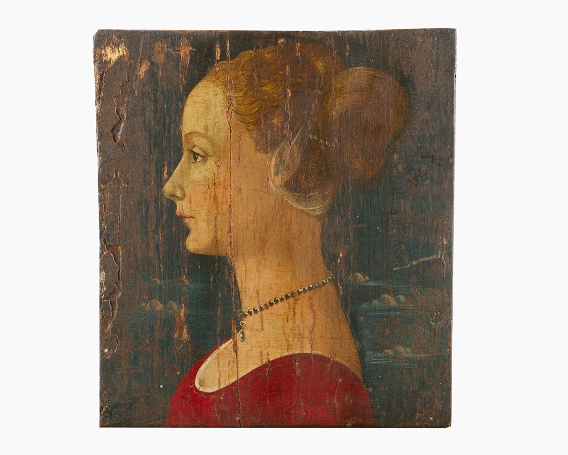 Antonio de Pollaiuolo (1433-1498)-follower, portrait of elegant lady oil on wooden panel , damages