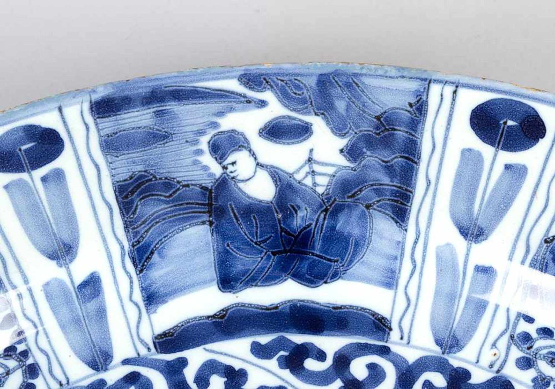 Delft Ceramic Plate, with Chinese painted ornaments and figures, blue on white ground, glazed, - Bild 3 aus 3