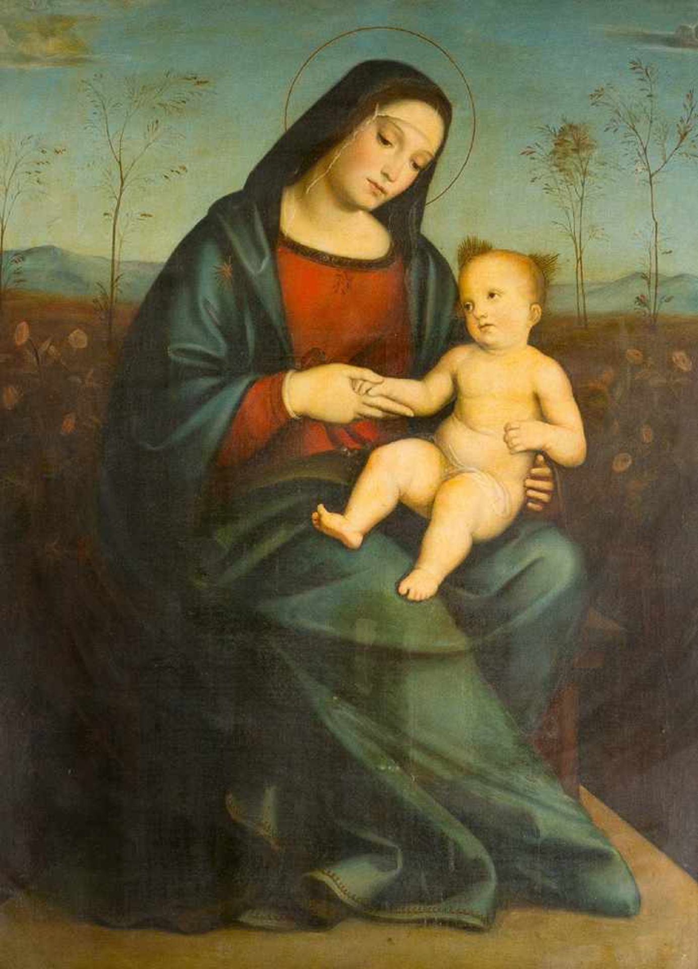 Francesco Francia (1450-1517) – school. Madonna with child in landscape, oil on canvas, framed, - Bild 2 aus 3