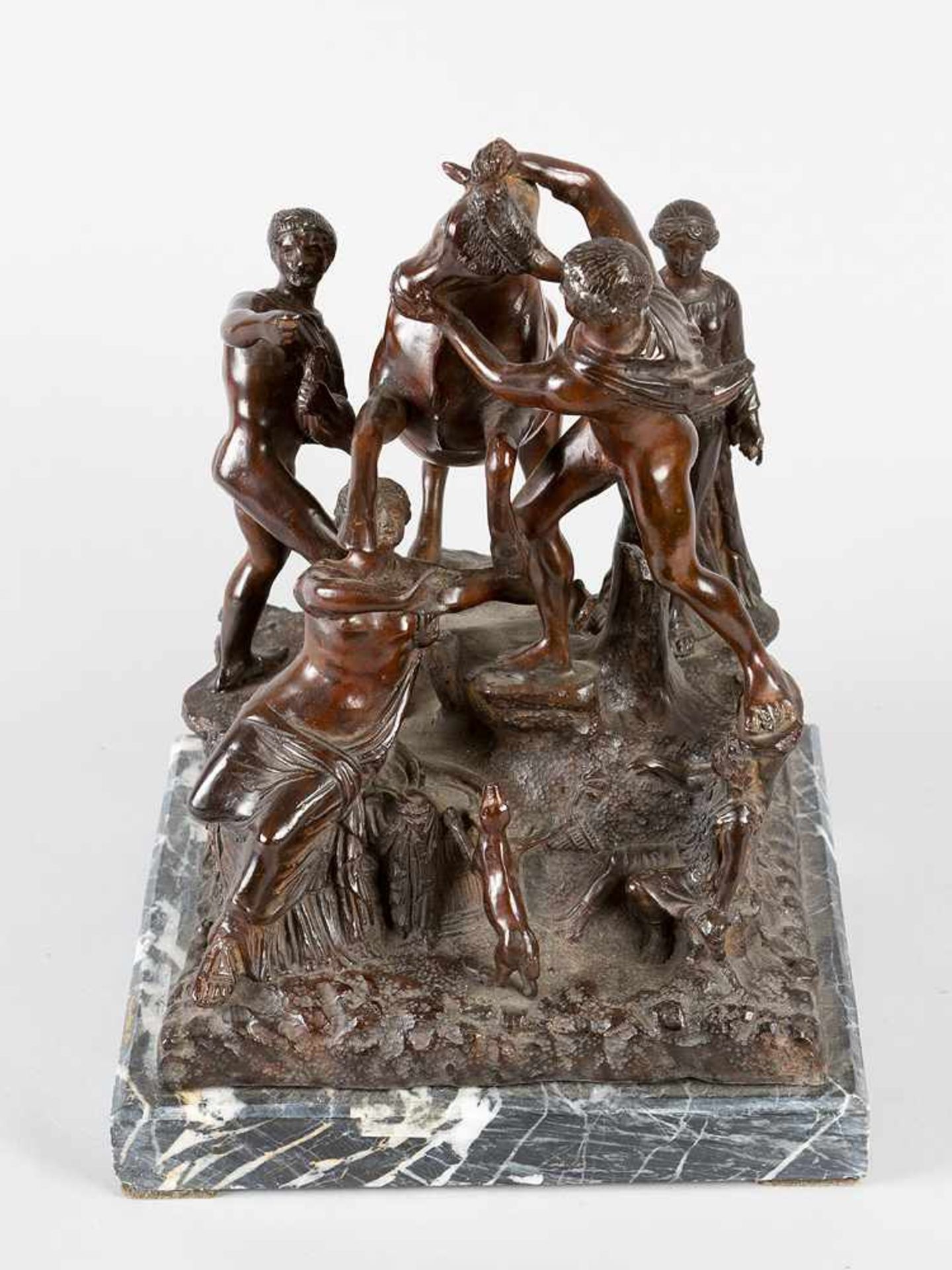 Italian Sculptor, The Farnese Bull. Bronze-cast with light brown patina on rectangular white