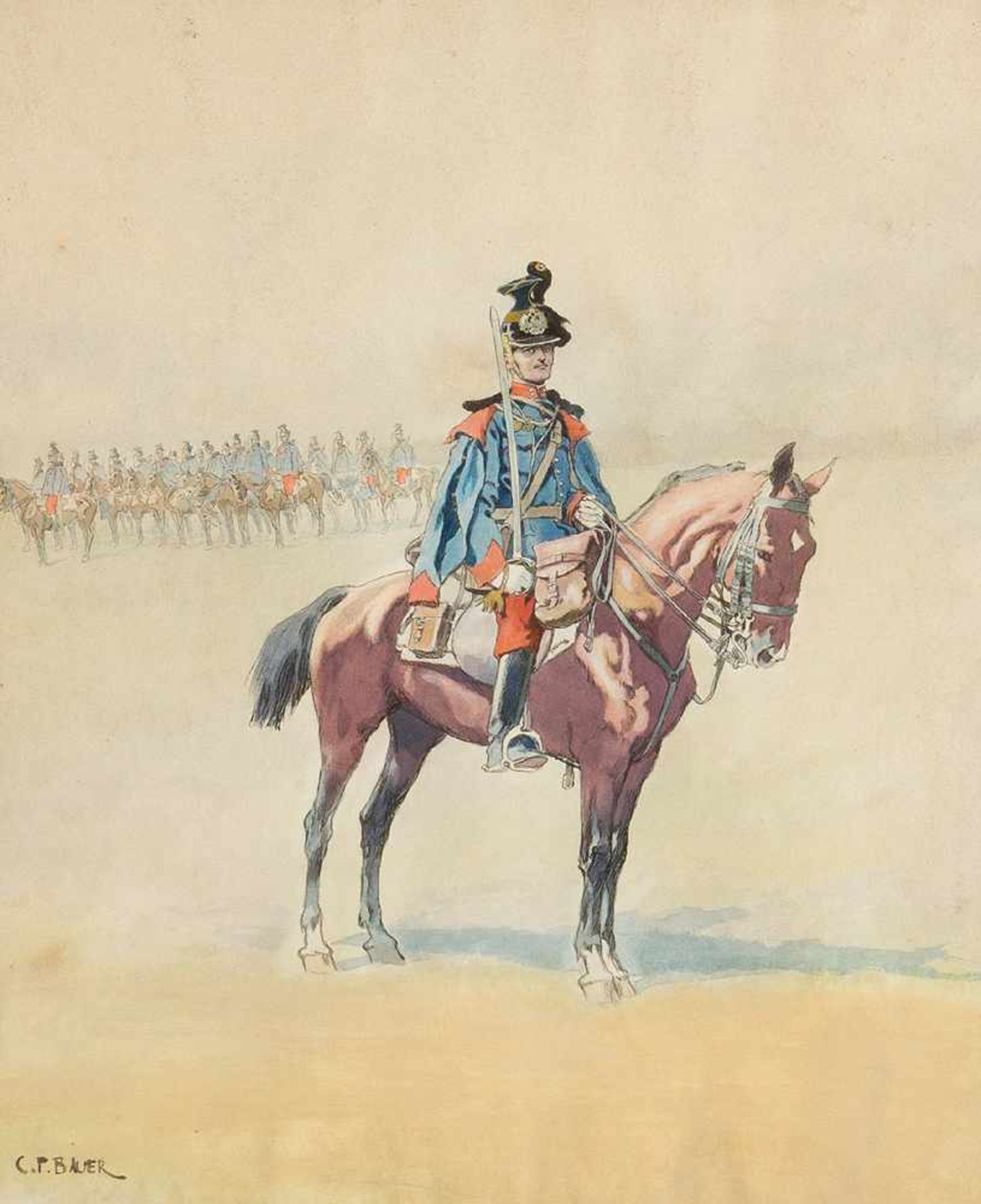 Carl Franz Bauer (1879-1954)-attributed, Austrian cavalry, mixed technique with watercolour on - Bild 2 aus 3