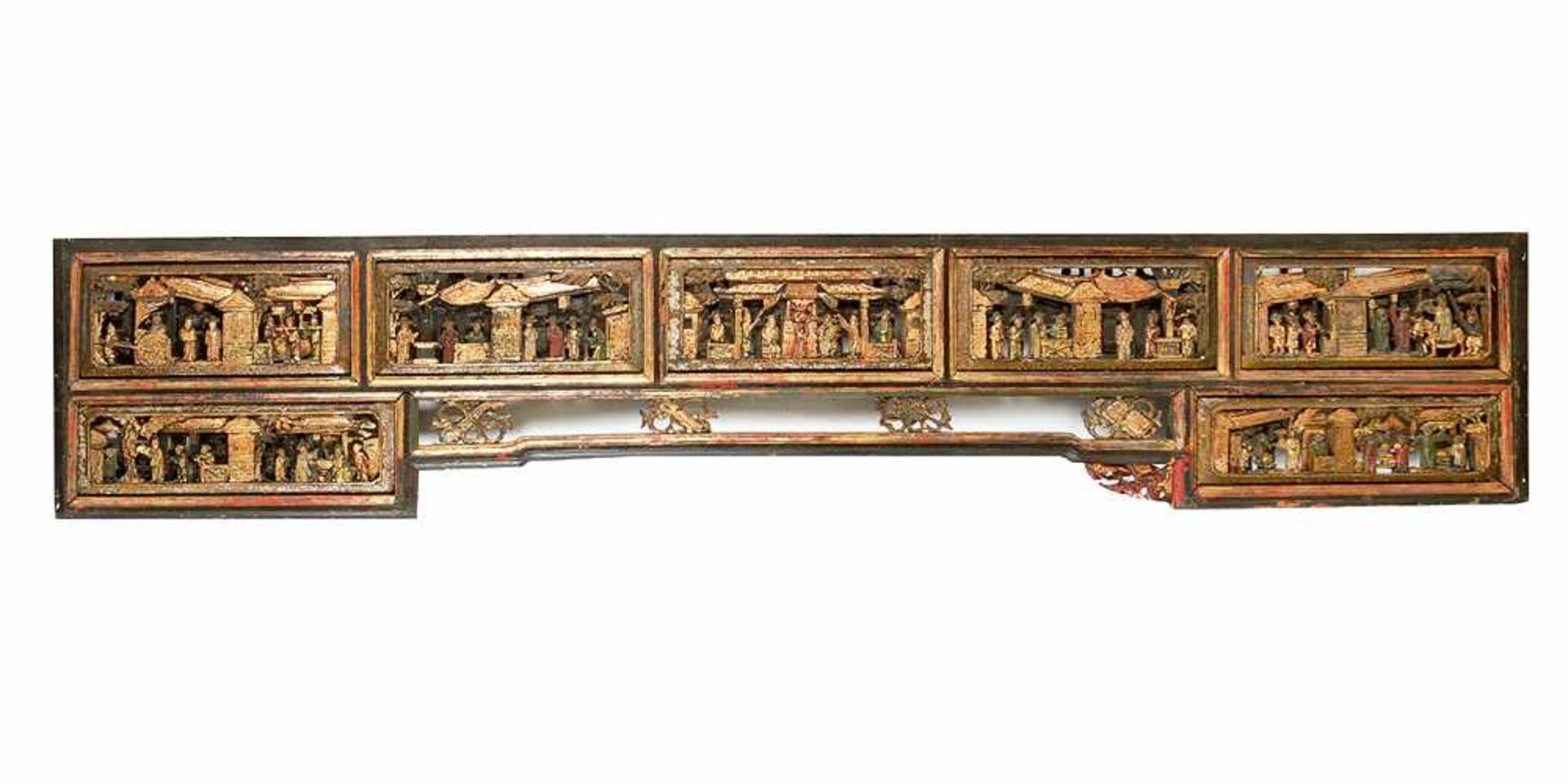 Chinese Carvings , seven fields with family scenes in rectangular shape wood carved and original