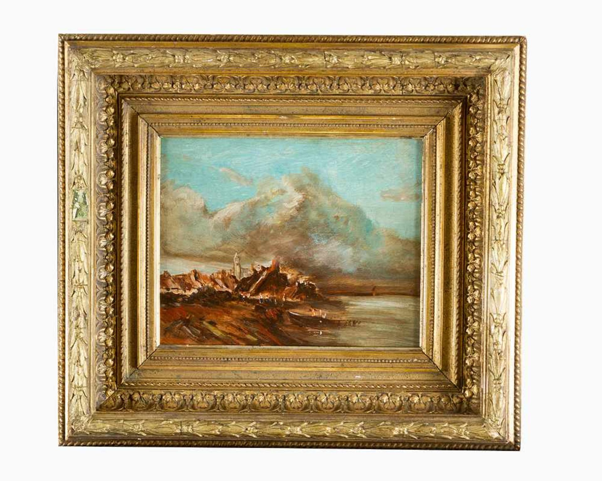 Artist 19th Century, Landscape by the sea, oil on wooden panel, framed.22 x 27 cm