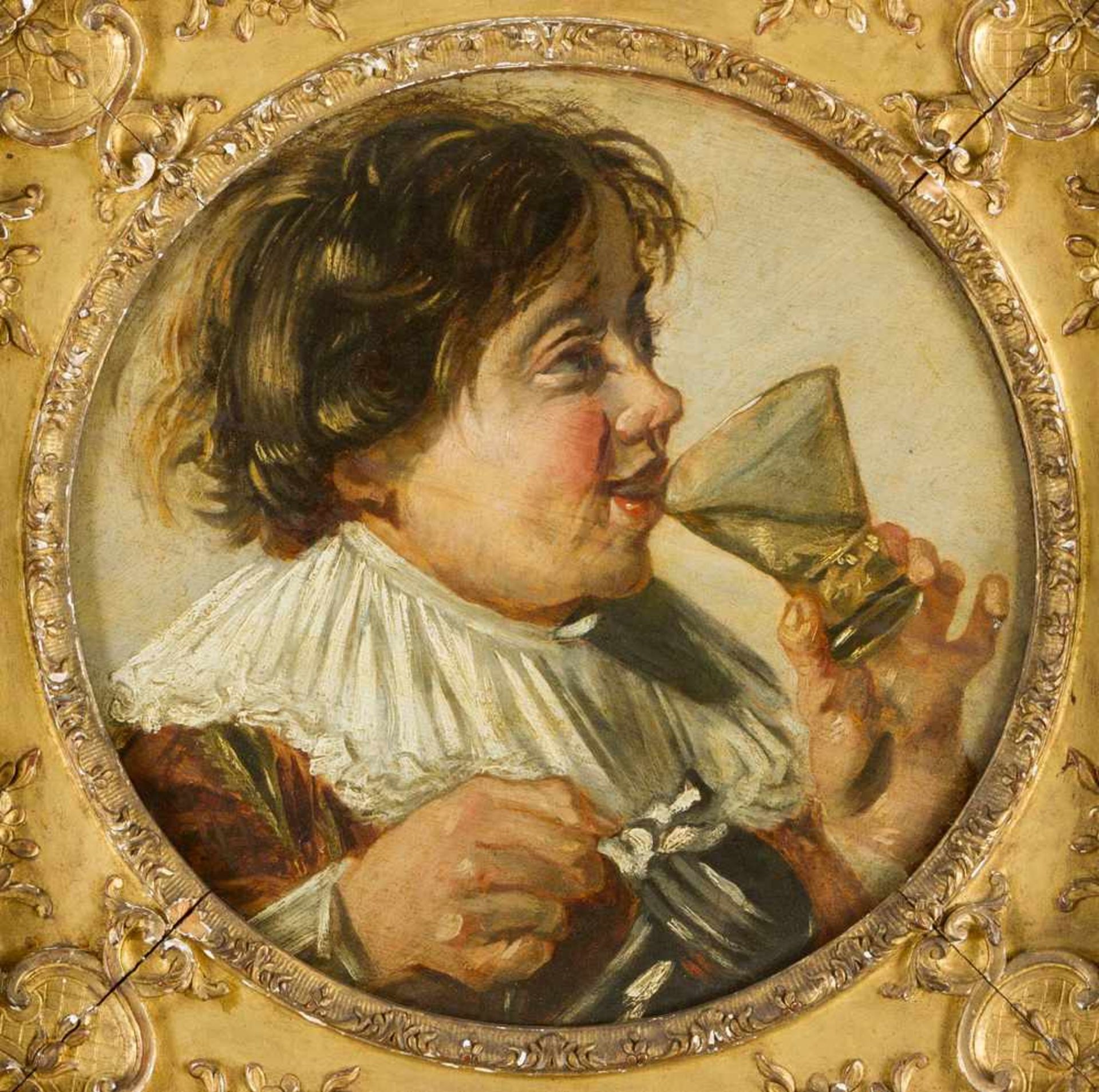 Frans Hals (1580 -1660) attributed, portrait of a drinking boy, oil on wooden panel, in a gilded and - Bild 2 aus 3