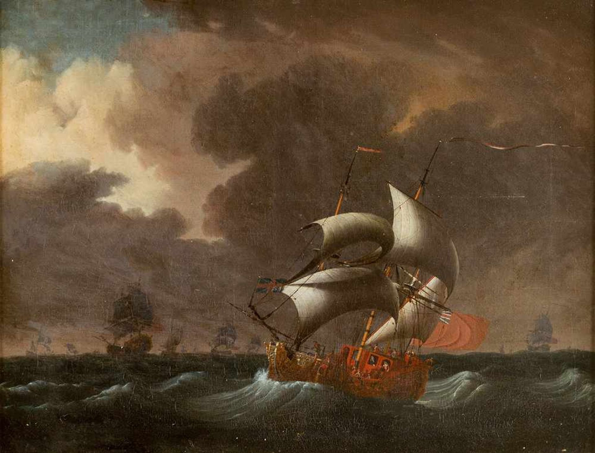 Ludolf Backhuizen (1630-1708)- attributed. British ships on choppy sea. Oil on Canvas, framed. 65* - Bild 2 aus 3