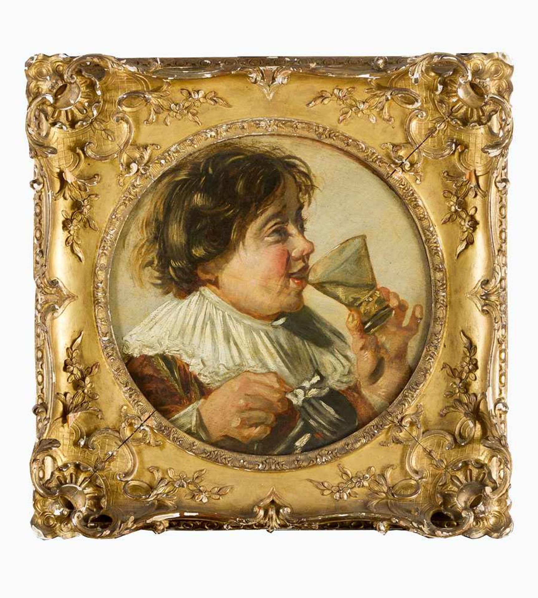 Frans Hals (1580 -1660) attributed, portrait of a drinking boy, oil on wooden panel, in a gilded and