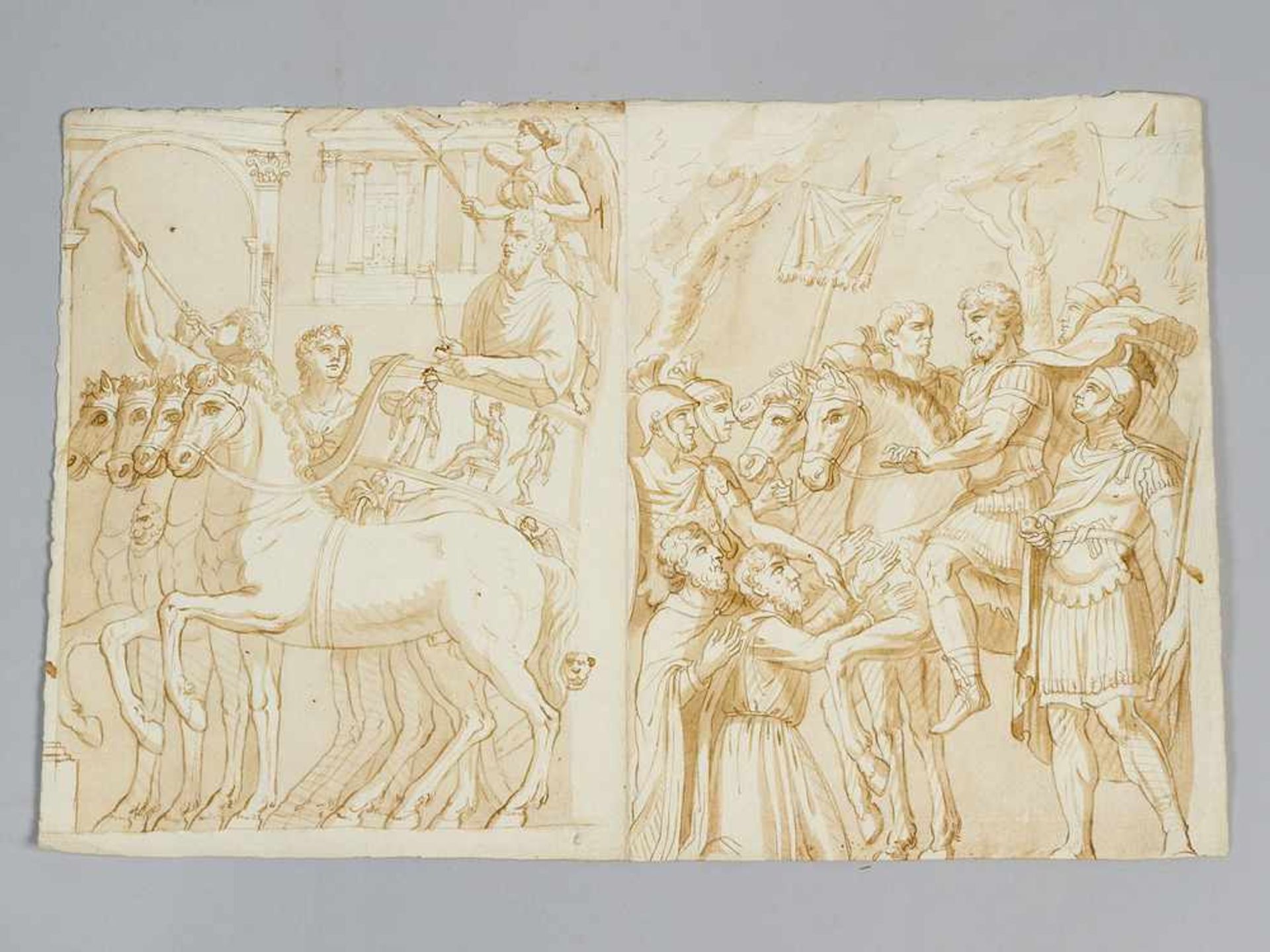 French artist, 18 Century. A Roman emperor on horse and coach surrounded by soldiers, black ink with