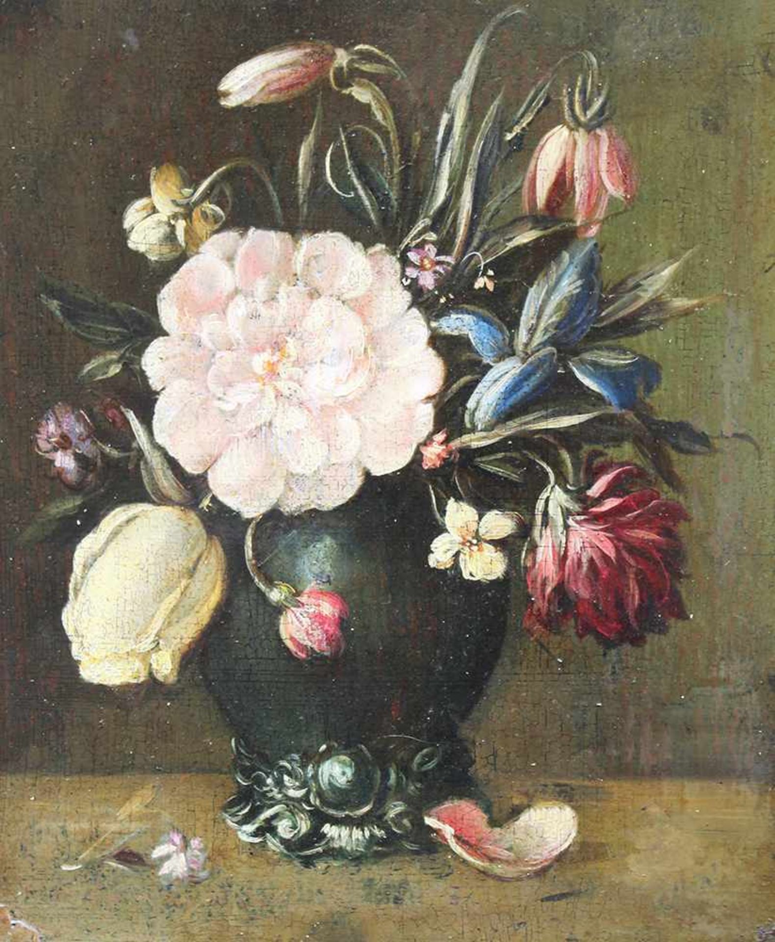 Ambrosuis Boschaert (1573-1621)- follower. Still life with flowers in a vase. Oil on Copper. 23.