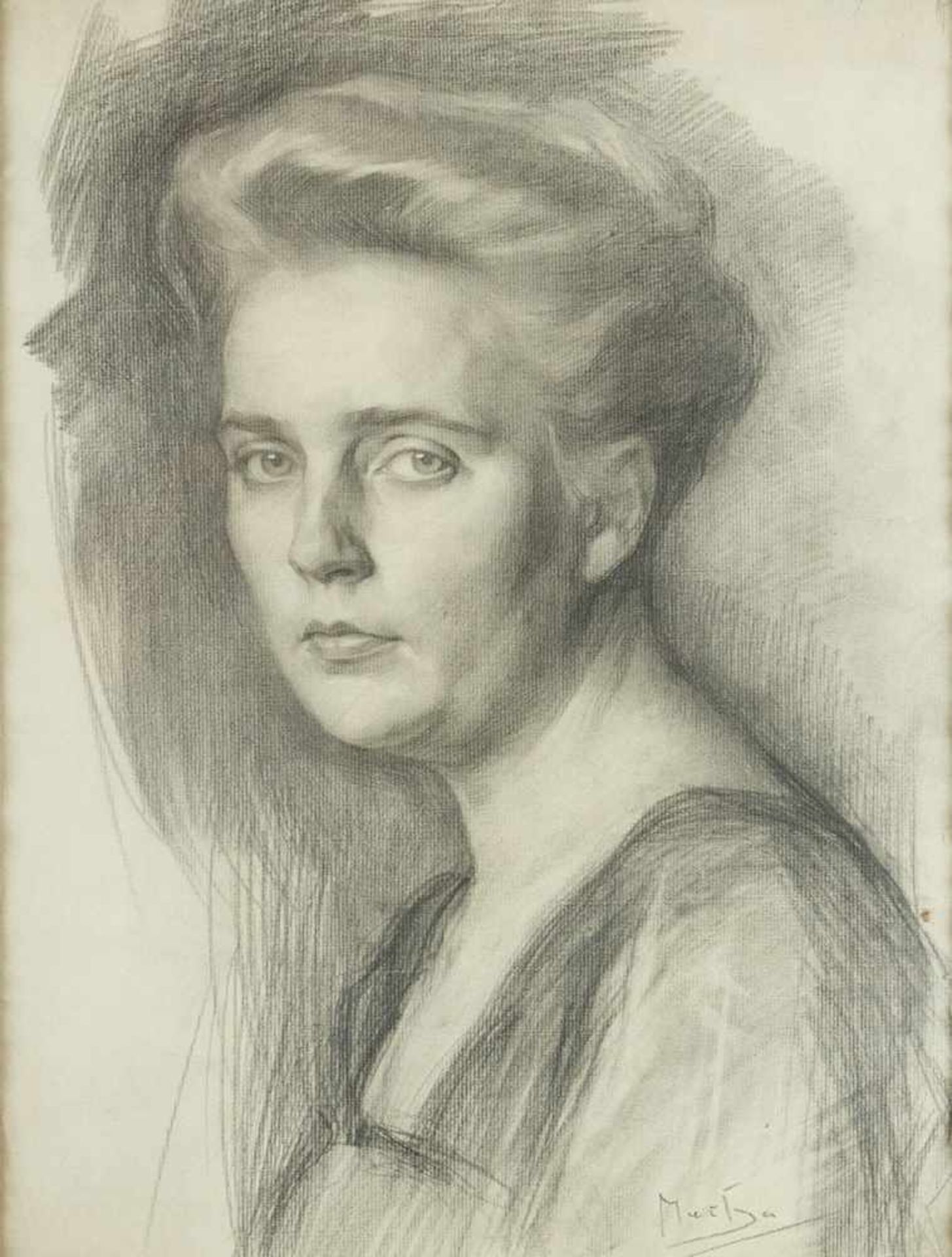 Unknown Artist 20th Century. Portrait of a lady, black chalk on paper, described on the bottom, - Bild 2 aus 3