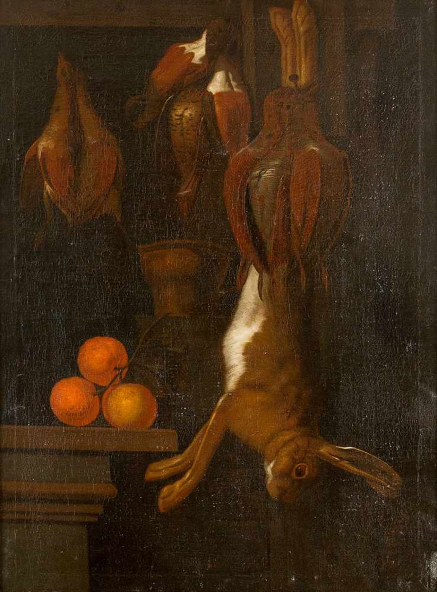 Spanish school, 18 Century. Still life with poultry and hare by a stone collumn with ceramic jug and - Bild 2 aus 3