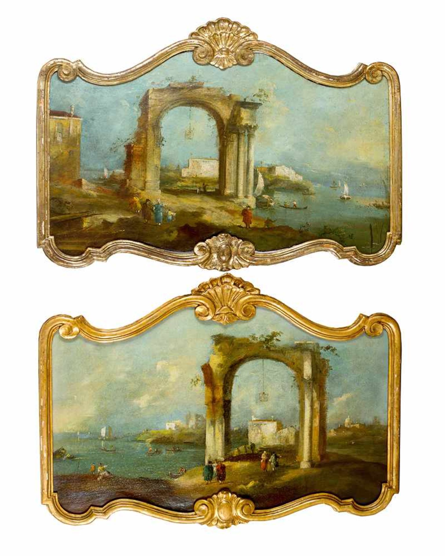 Francesco Guardi ( 1712-1793)-attributed, two Venetian scenes, oil on canvas, in curved, carved