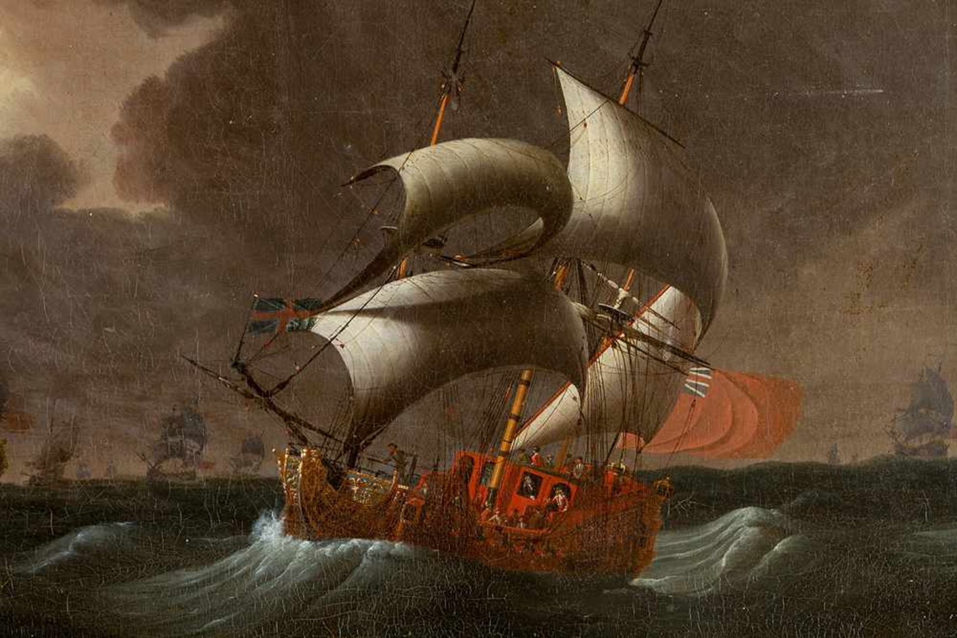 Ludolf Backhuizen (1630-1708)- attributed. British ships on choppy sea. Oil on Canvas, framed. 65* - Bild 3 aus 3