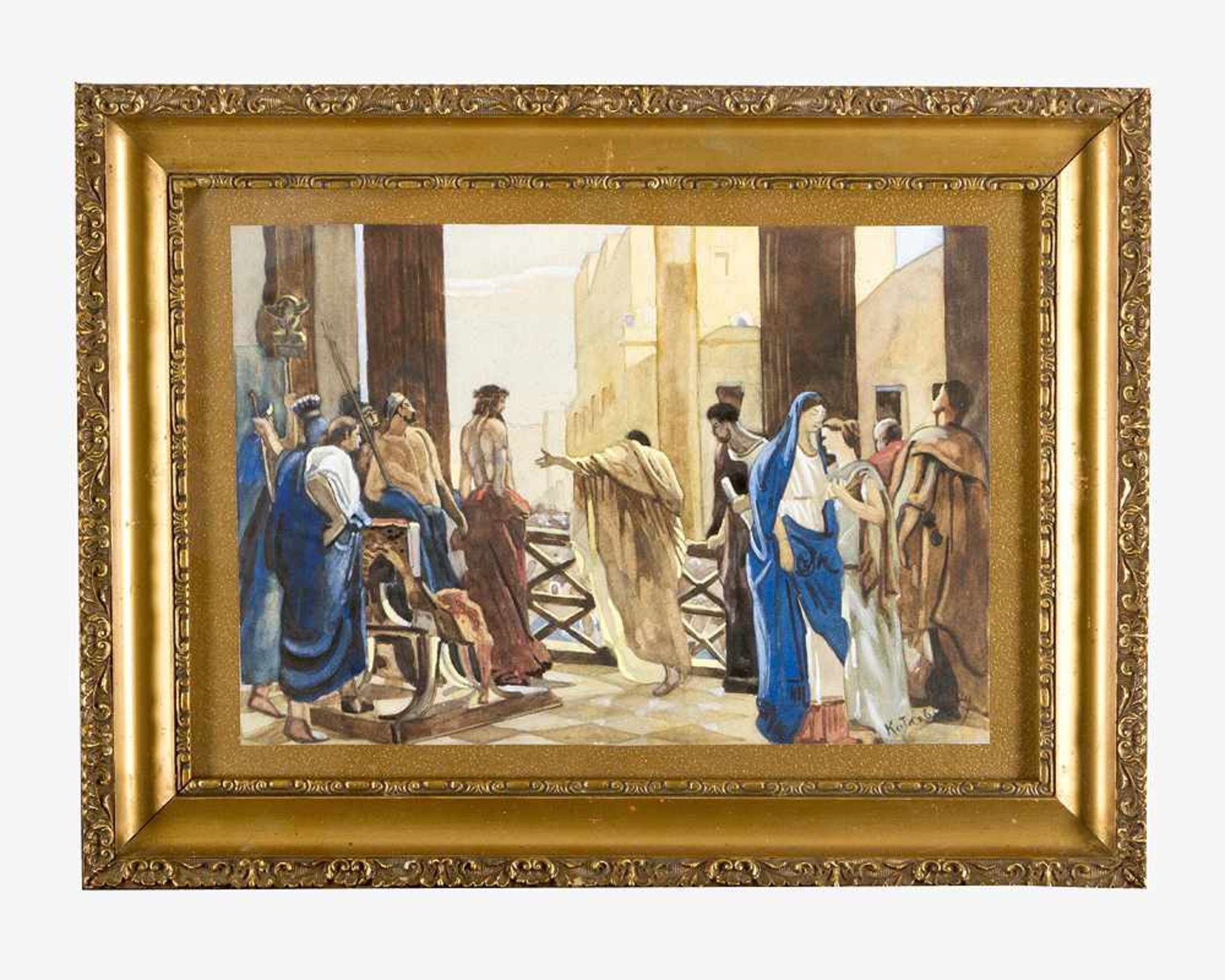 Unknown Artist 20 Century. Jesus accused. Watercolour on paper, signed bottom right KOTARB … ? ,