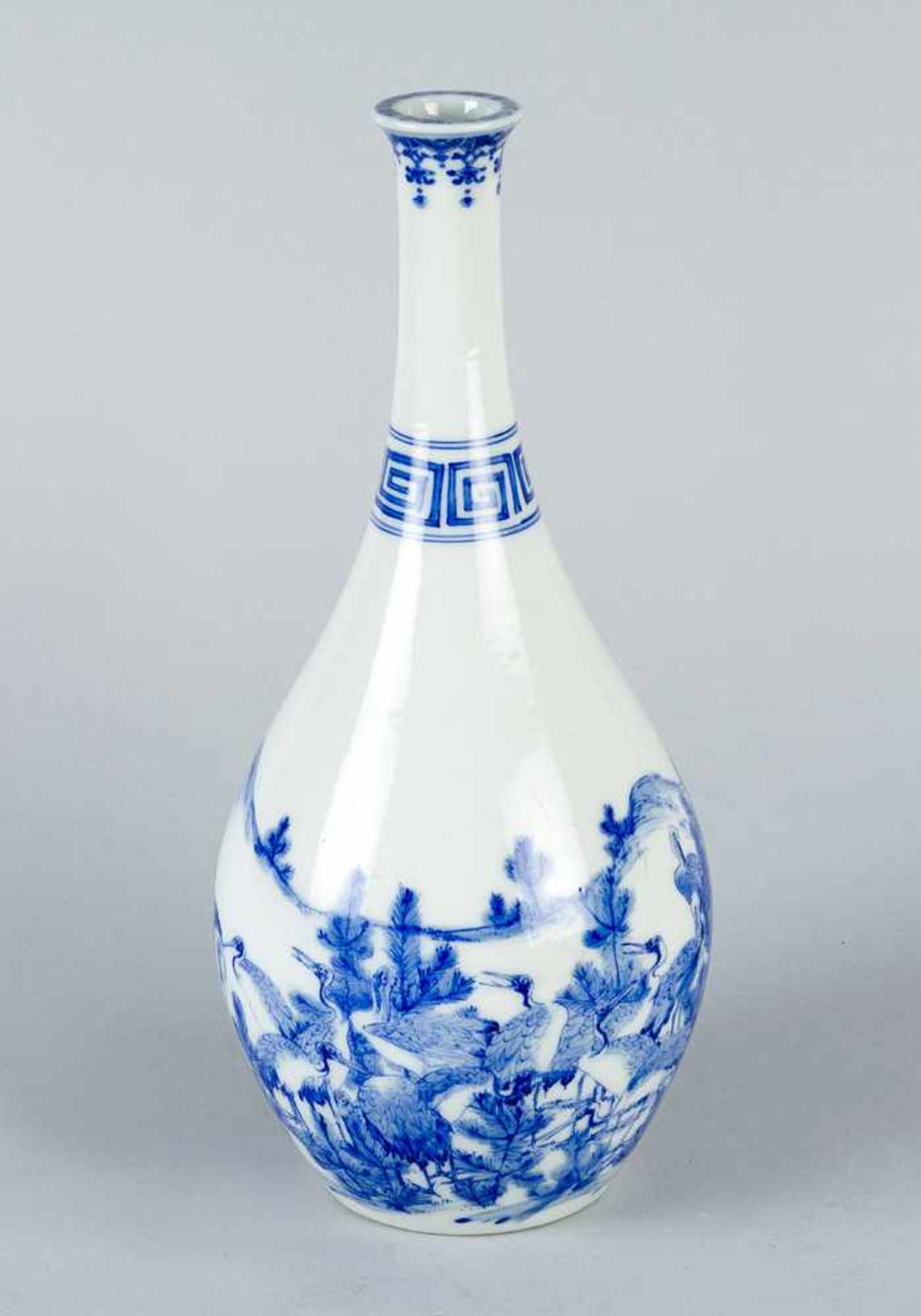 Chinese bottle, long neck painted with blue birds in landscape and decorations on white ground glaze