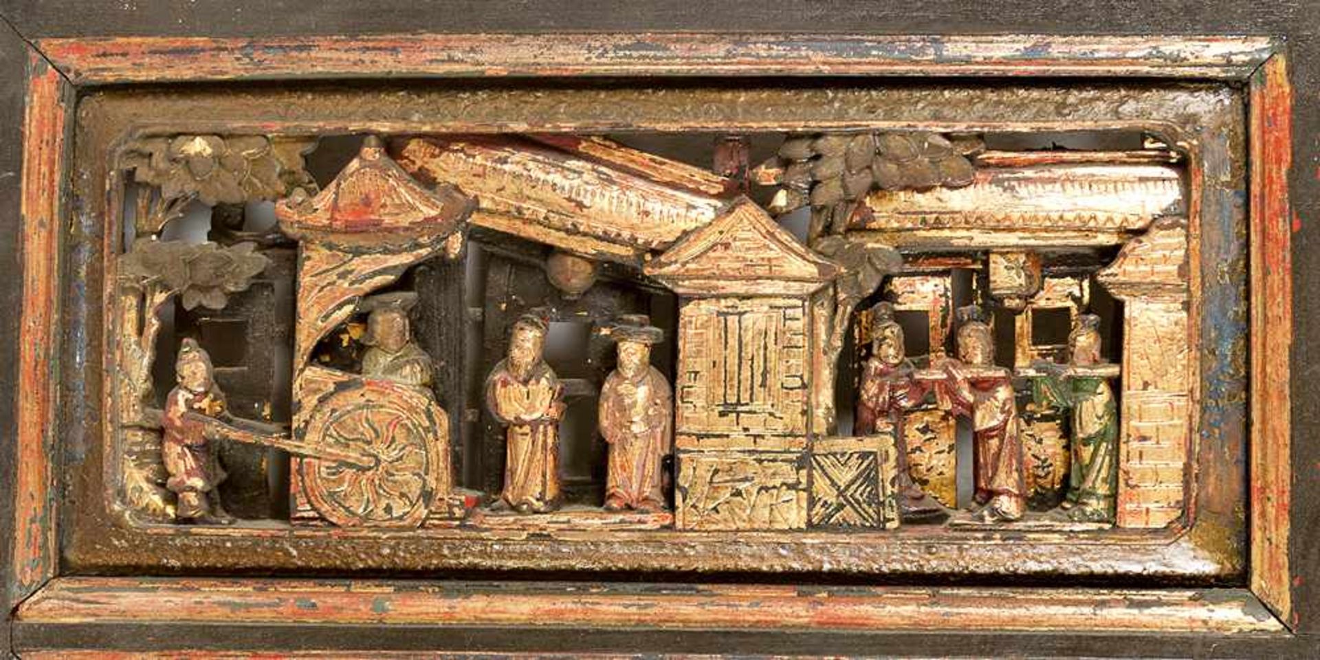 Chinese Carvings , seven fields with family scenes in rectangular shape wood carved and original - Bild 3 aus 3