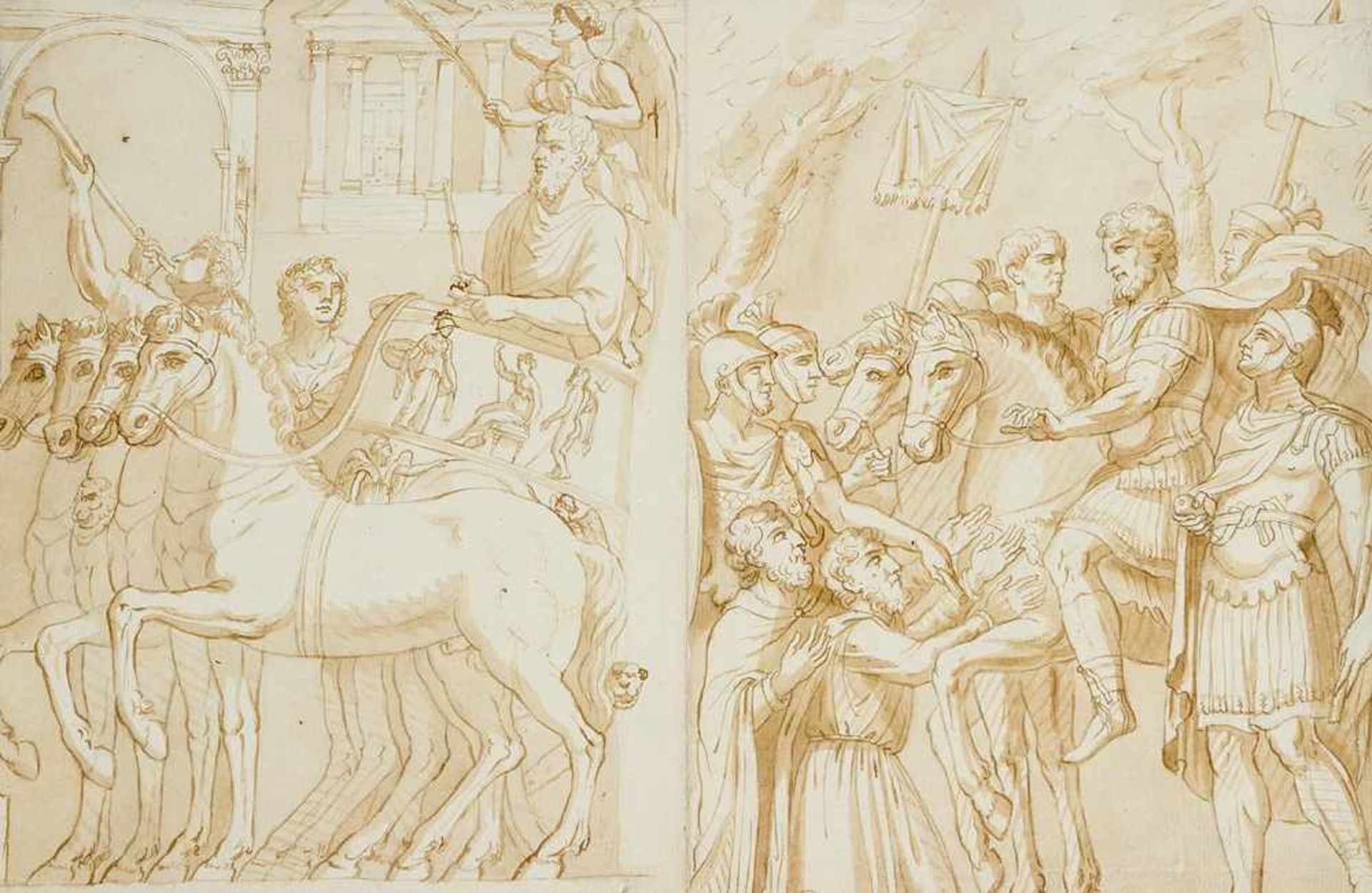 French artist, 18 Century. A Roman emperor on horse and coach surrounded by soldiers, black ink with - Bild 2 aus 3