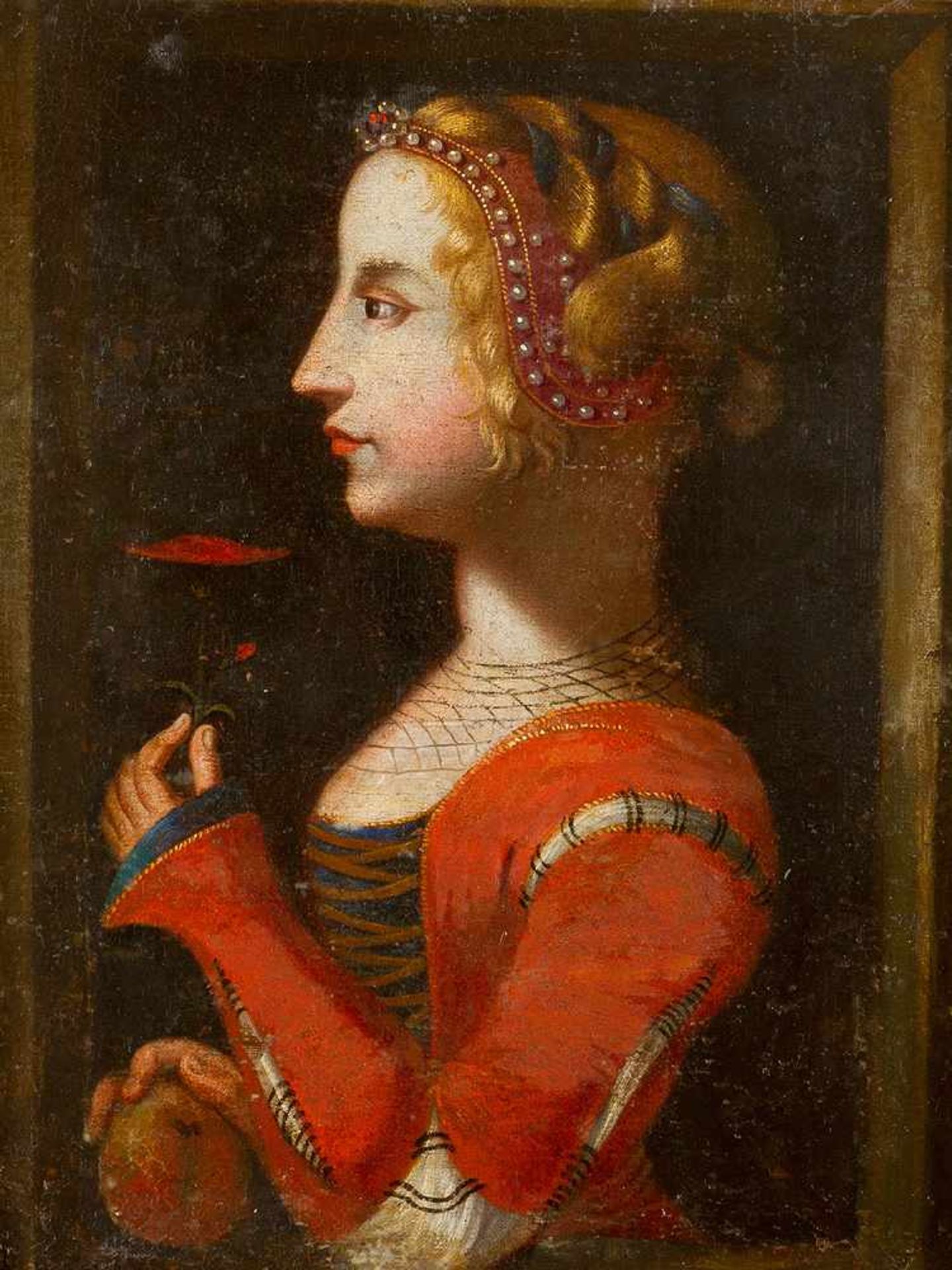 Giovanni Speranza (1480-1532)-attributed, Portrait of a young princess in court dress with flower, - Bild 2 aus 3