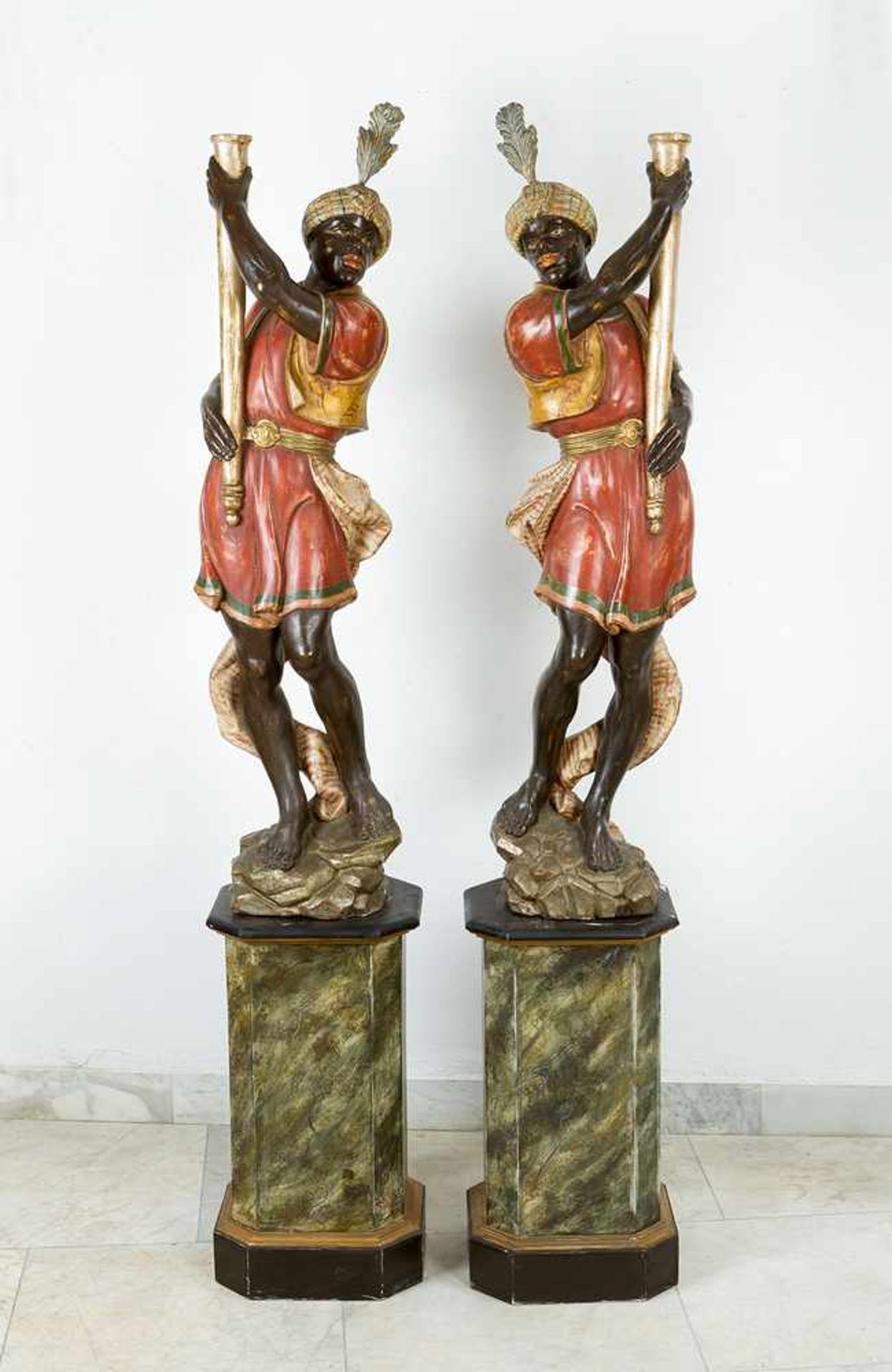 Pair of Venetian Torcheres, with two standing orientals on octagonal bases, wood carved with