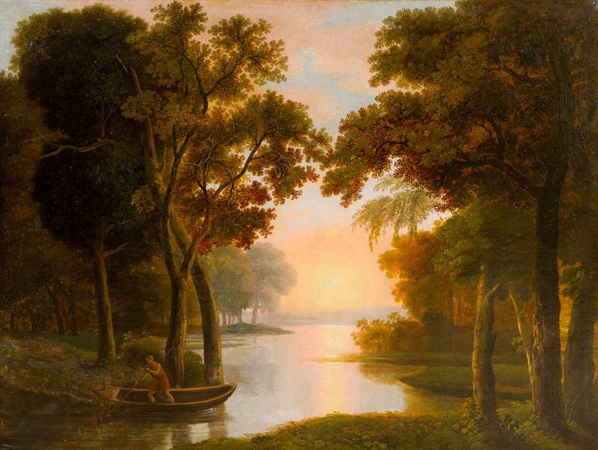 Johann Nepomuk Schödlberger (1803 – 1887)- attributed, landscape at sunrise, a men on ferry boat - Bild 2 aus 3