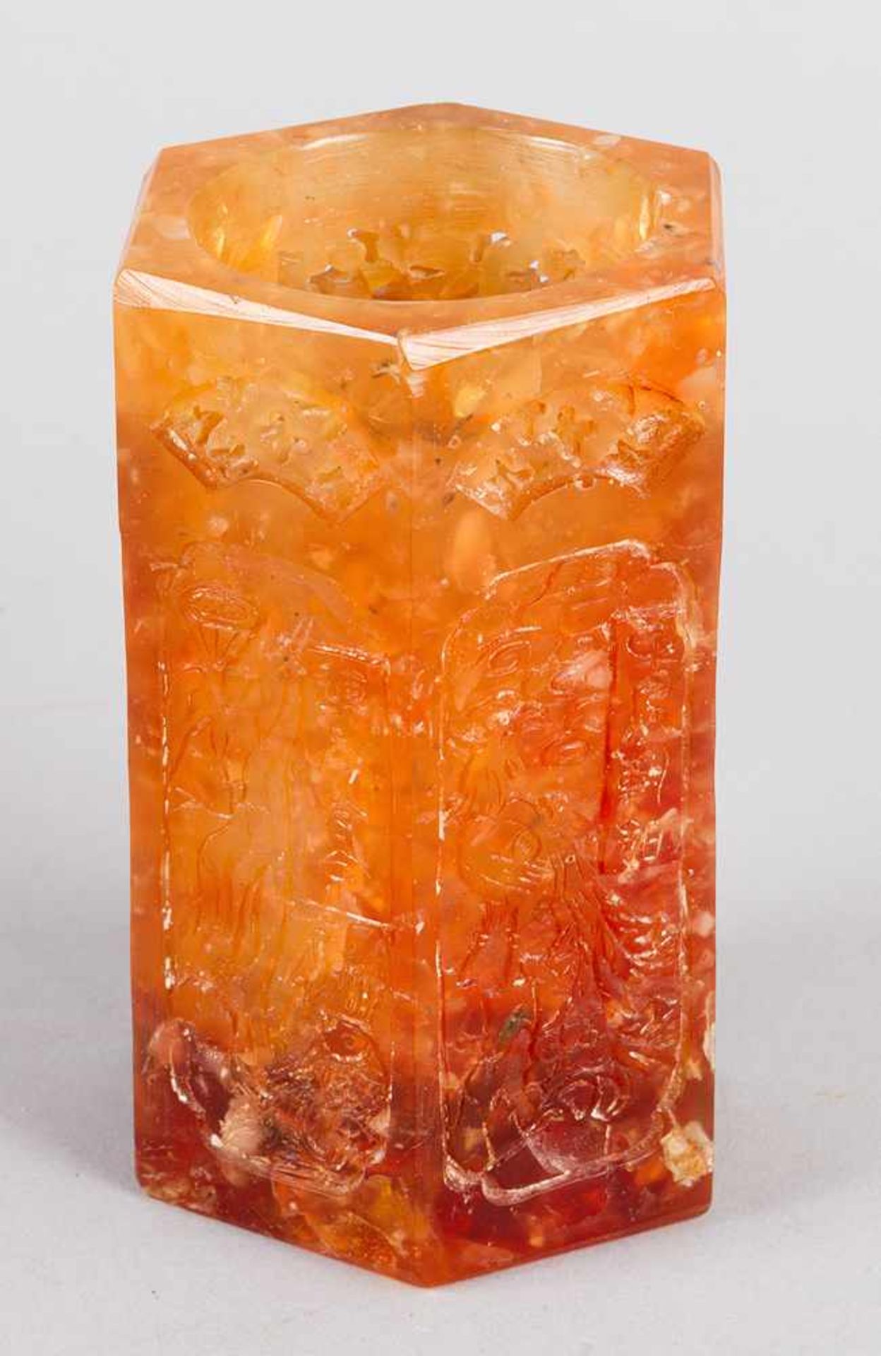 Chinese Amber Vase, hexagonal shape, on each side with open work and carved scenes with script sign,