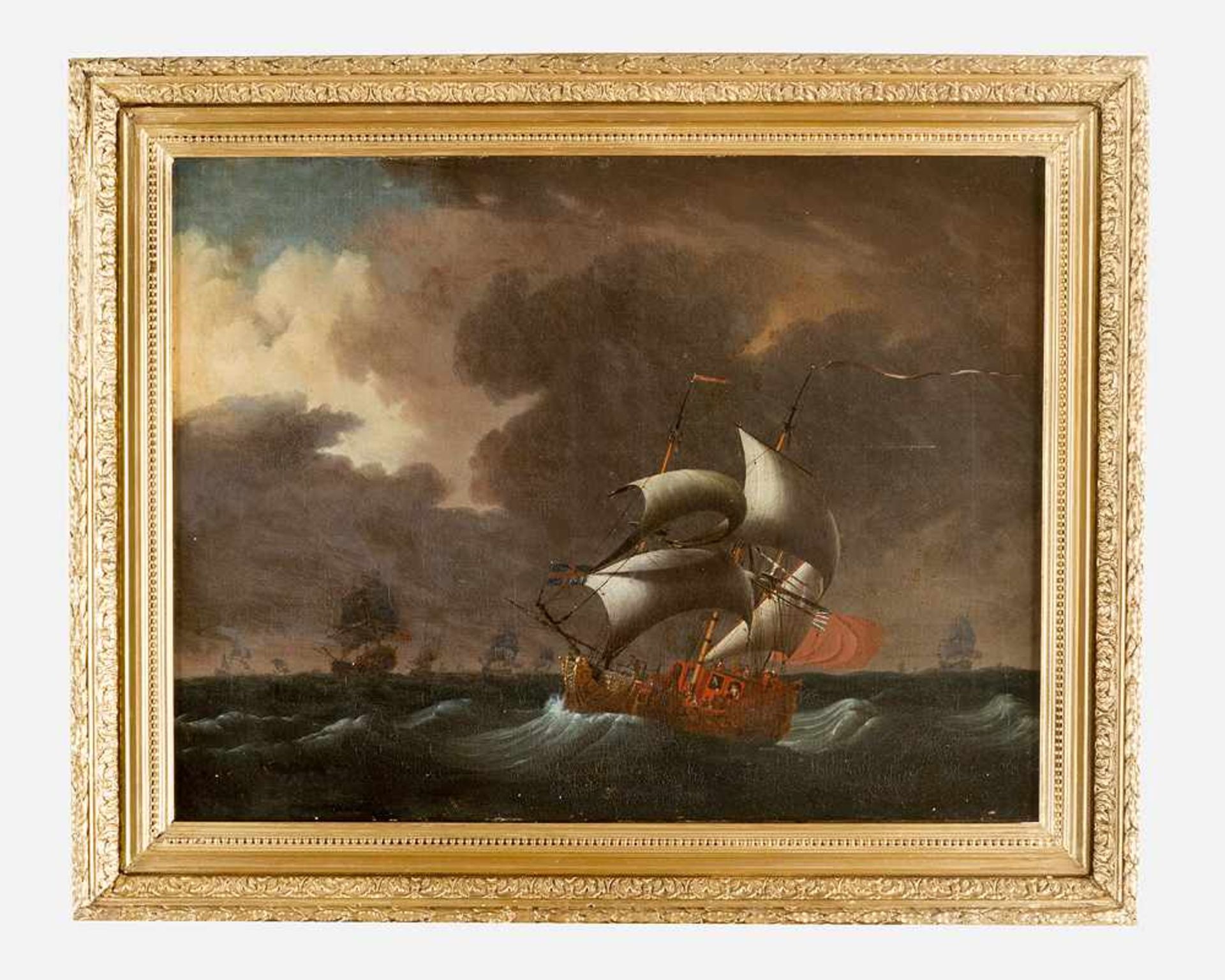 Ludolf Backhuizen (1630-1708)- attributed. British ships on choppy sea. Oil on Canvas, framed. 65*