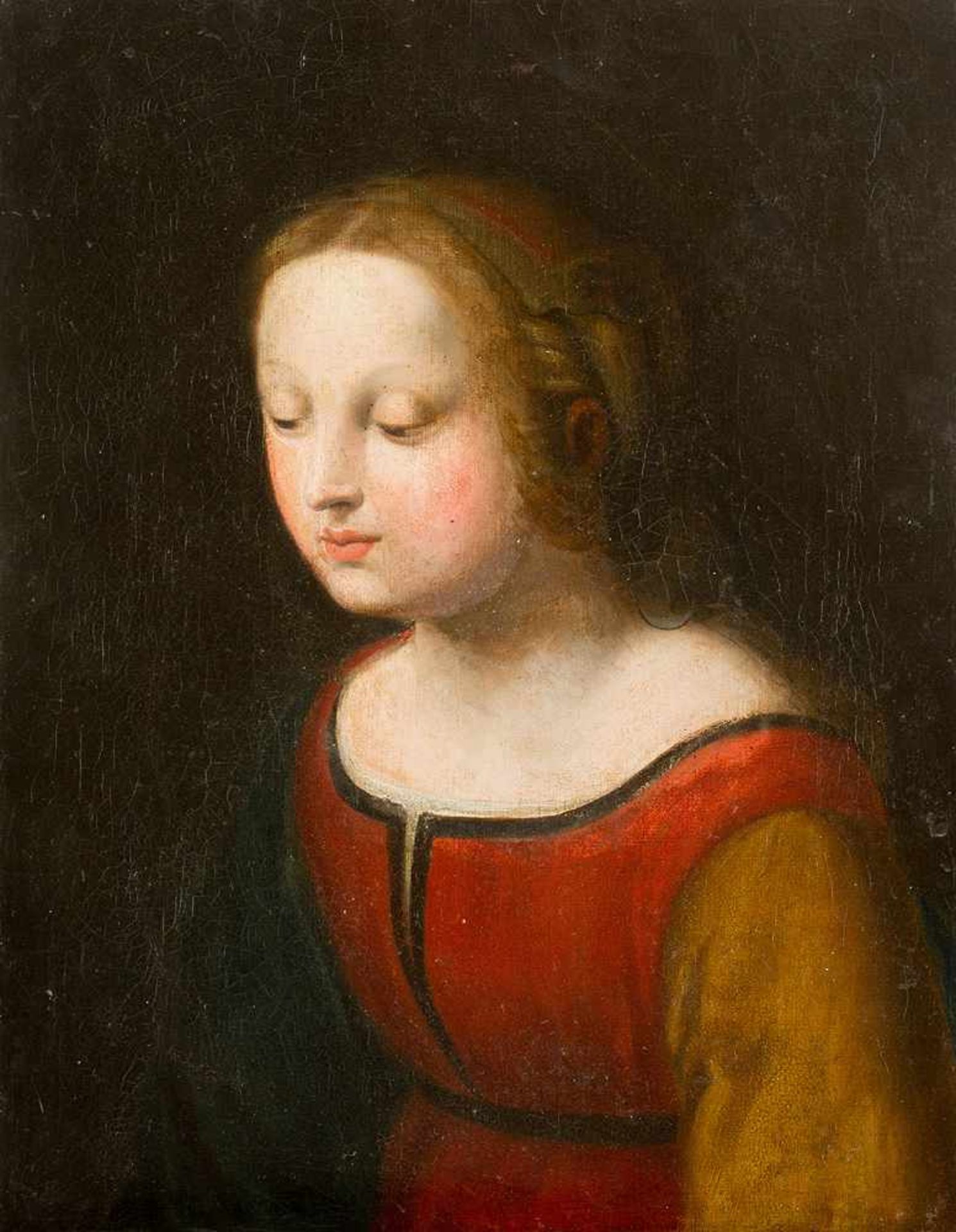 Raffael Sanzio (1483-1520)- follower. Portrait of a girl looking down to the side in front of dark - Bild 2 aus 3