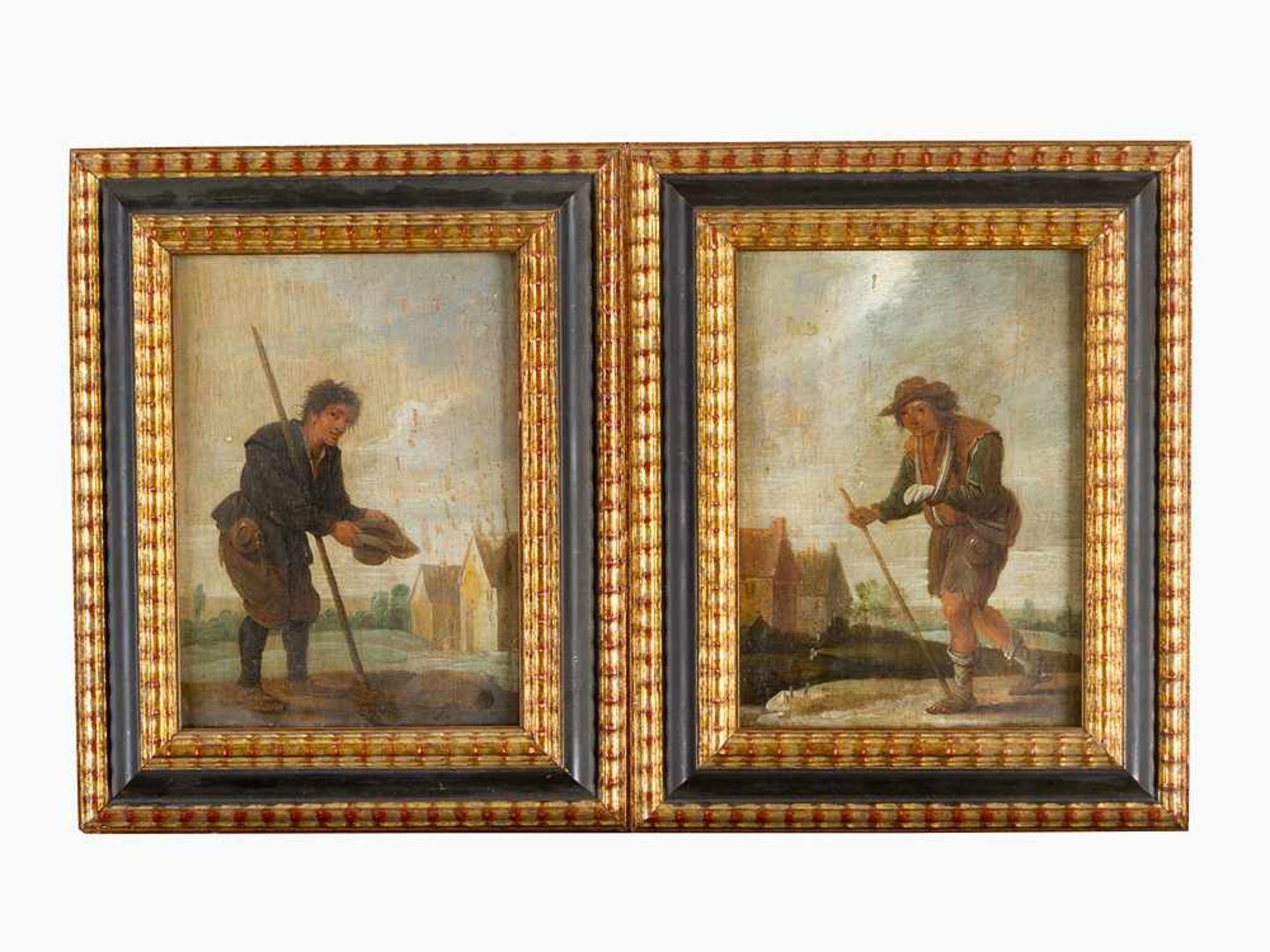 David Teniers (1610 – 1690)-attributed, two baggers in landscape, oil on oak panel, framed. 22 x