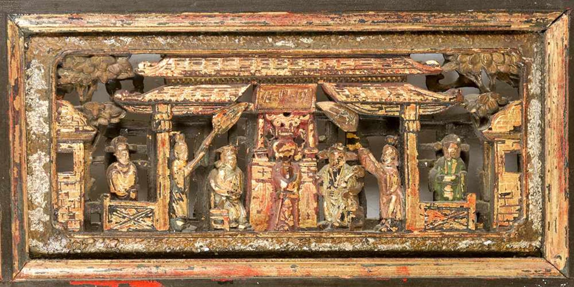 Chinese Carvings , seven fields with family scenes in rectangular shape wood carved and original - Bild 2 aus 3