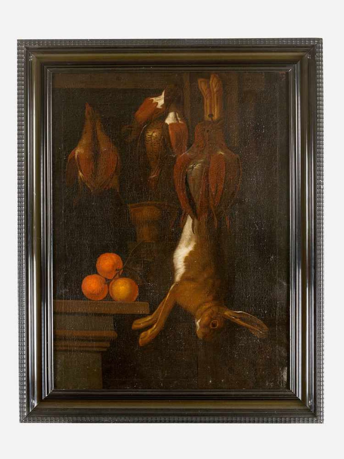 Spanish school, 18 Century. Still life with poultry and hare by a stone collumn with ceramic jug and