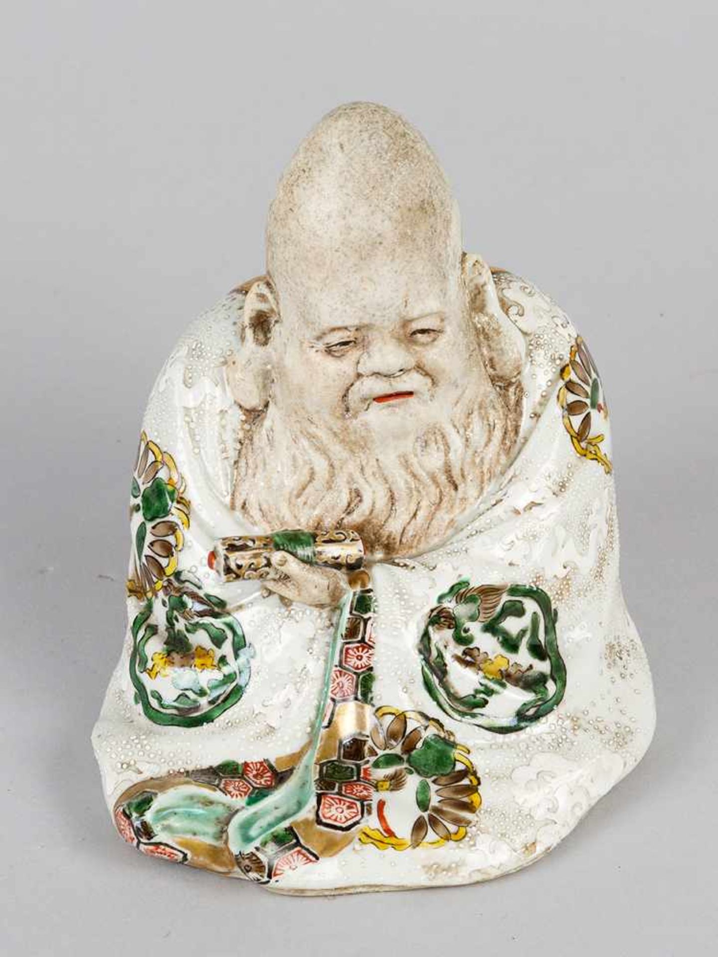 Chinese Porcelain figure of a wise men with script-role and coat, partly painted and glazed. 19th - Bild 2 aus 3