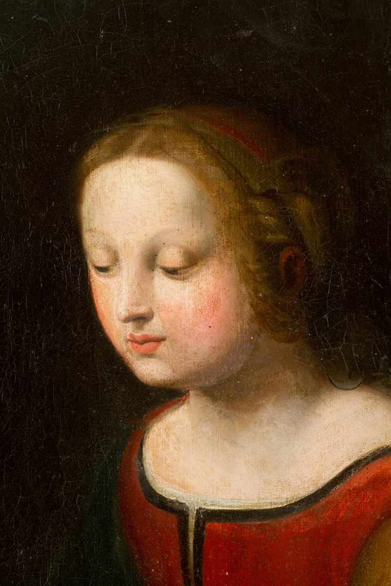 Raffael Sanzio (1483-1520)- follower. Portrait of a girl looking down to the side in front of dark - Bild 3 aus 3