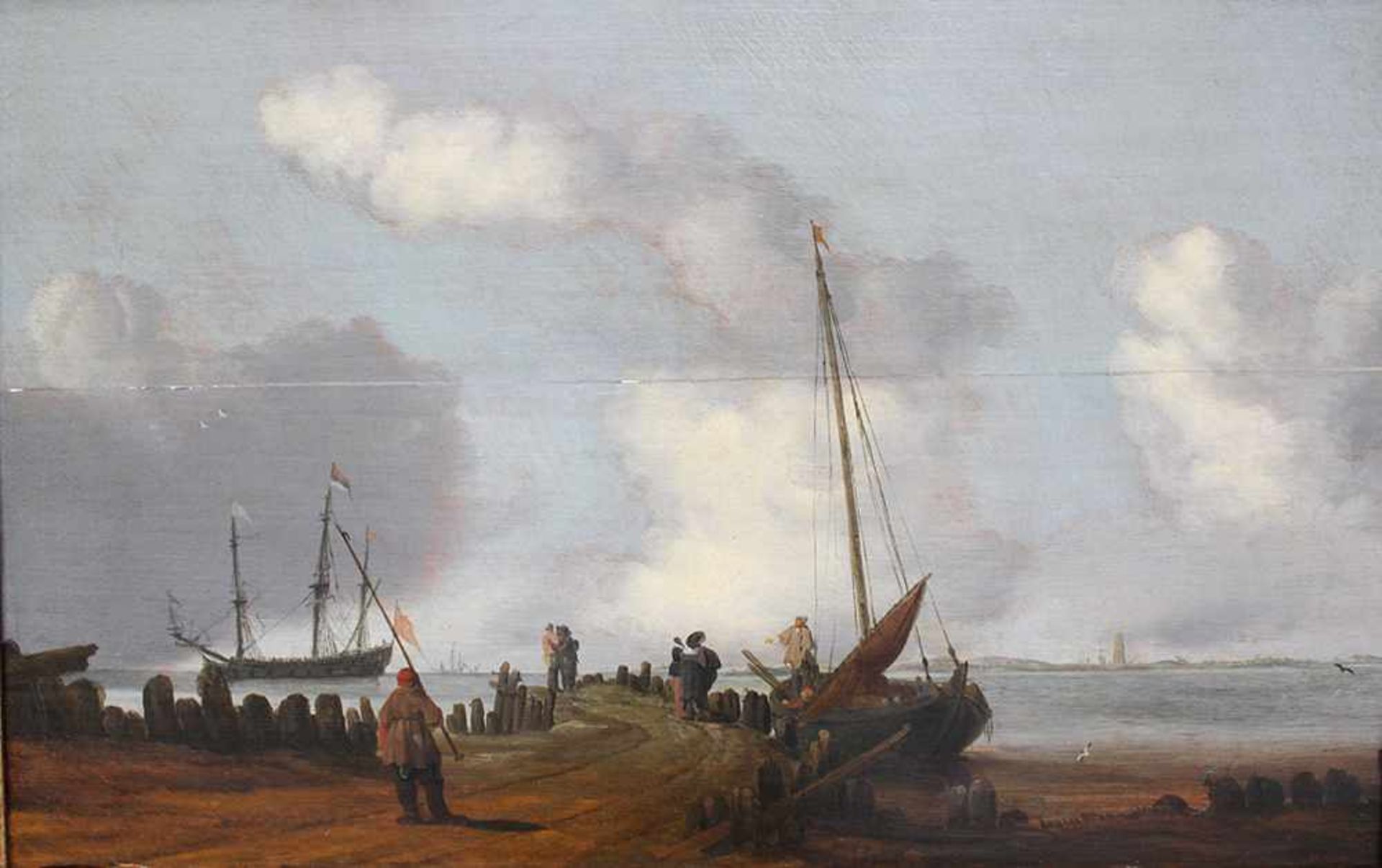 Simon de Vlieger (1601-1653)- attributed. Landscape with dunes, ships, boats and visitors at calm - Bild 2 aus 3