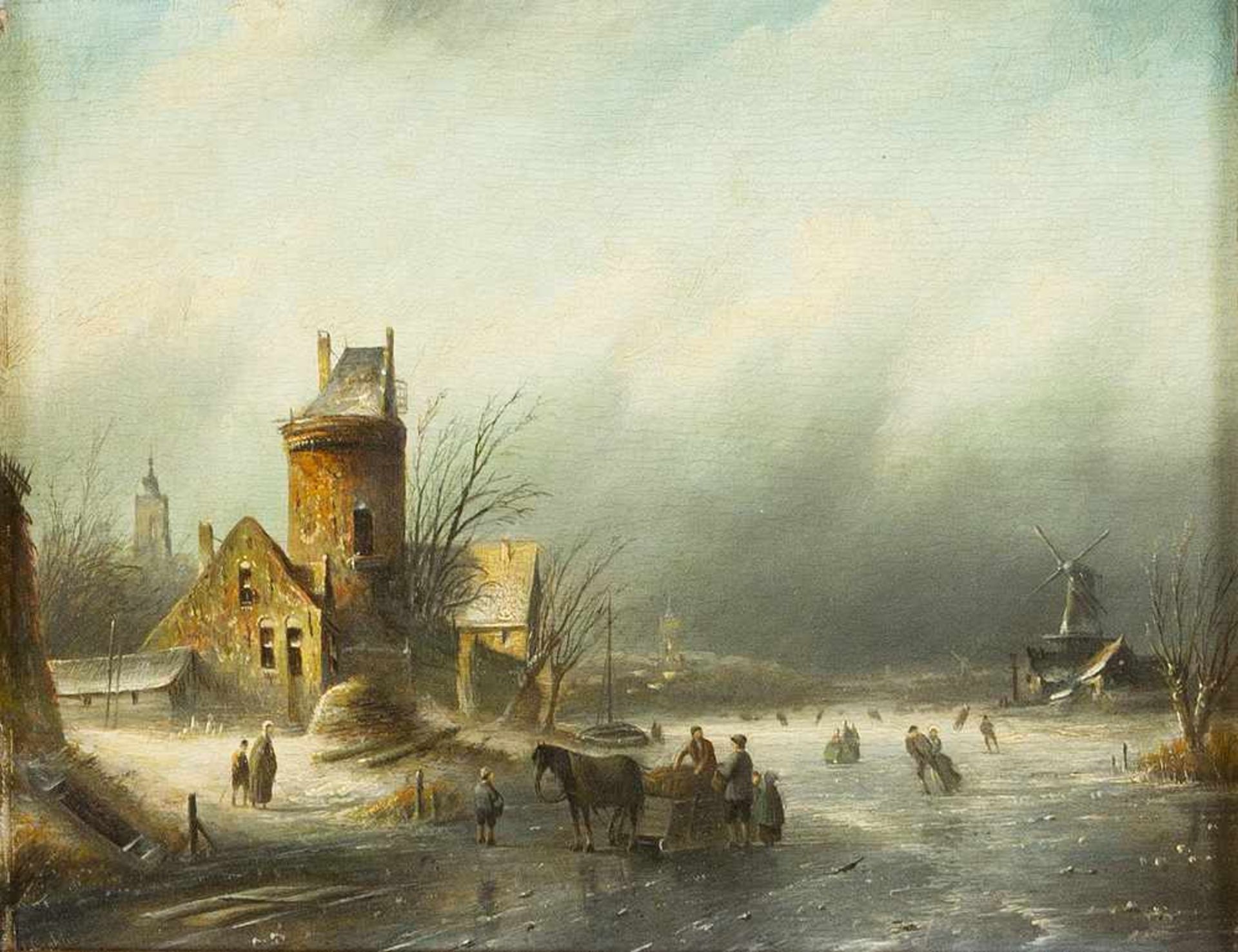 Jan Jacob Spohler ( 1811 – 1866), ice skating in Dutch winter, oil on wooden panel, signed bottom - Bild 2 aus 3