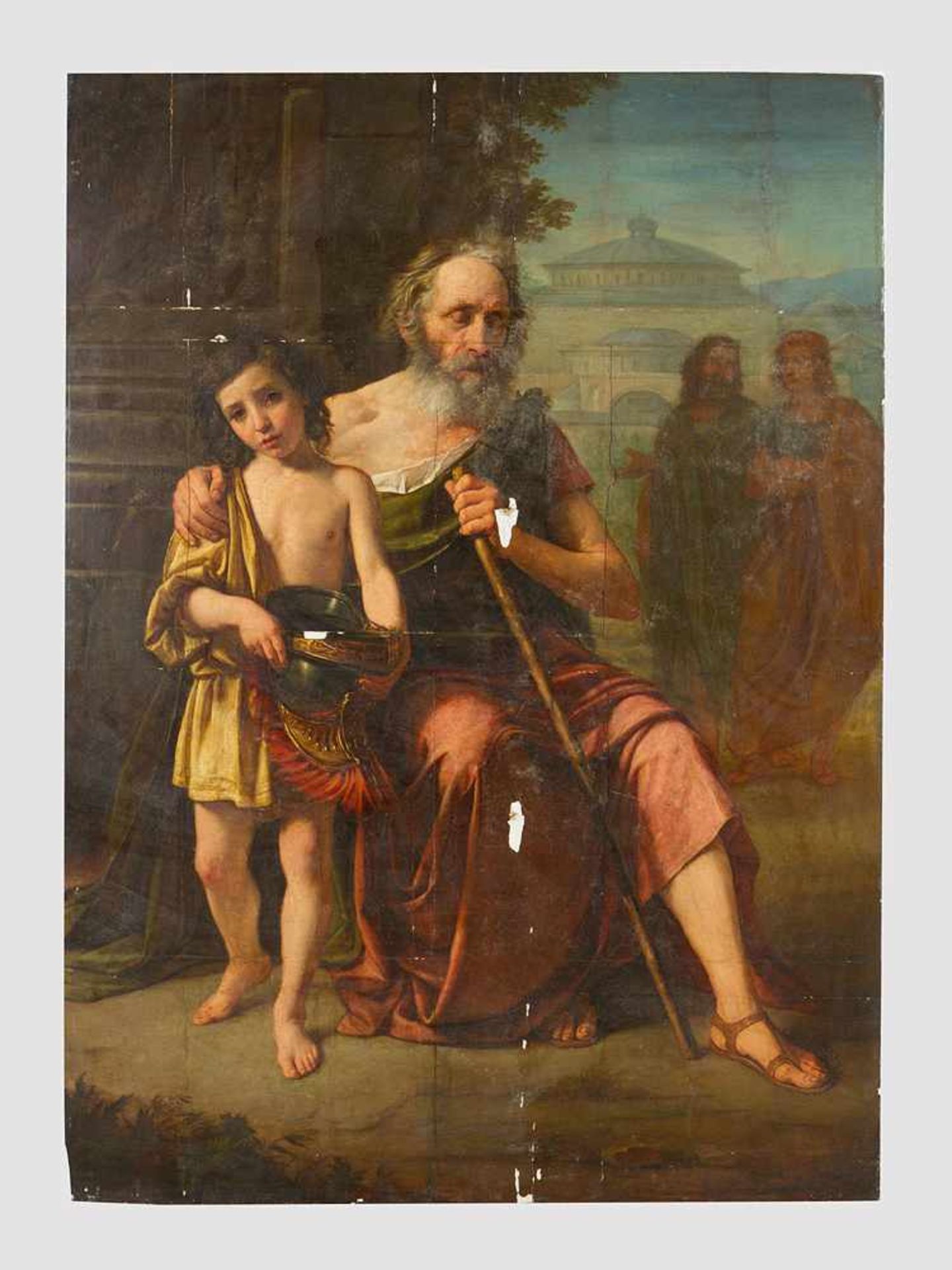 French School around 1800,The blind beggar; oil on large wooden panel; damages.165x115cm- - -24.00 %