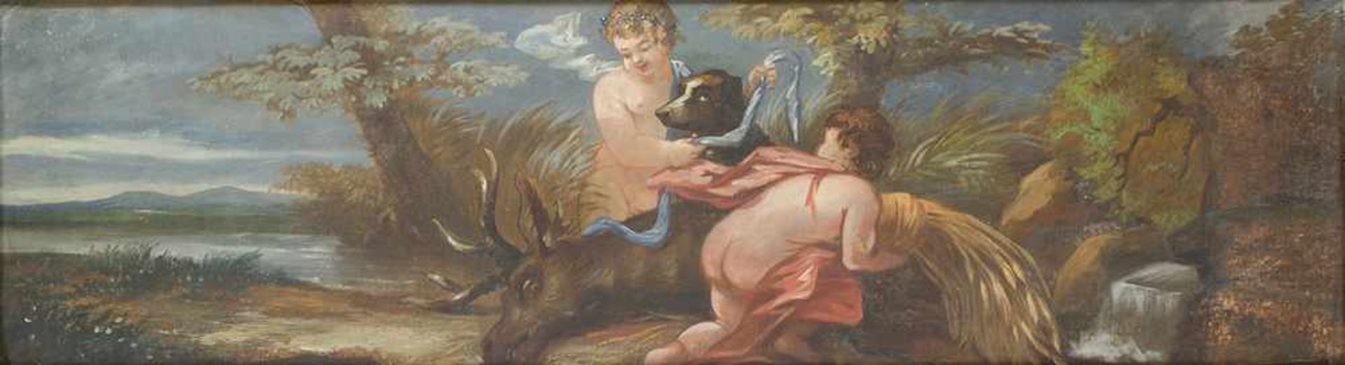 Venetian Artist 18/19th Century, Hunting allegory with two boys, a dog and a stag in landscape, - Bild 2 aus 3