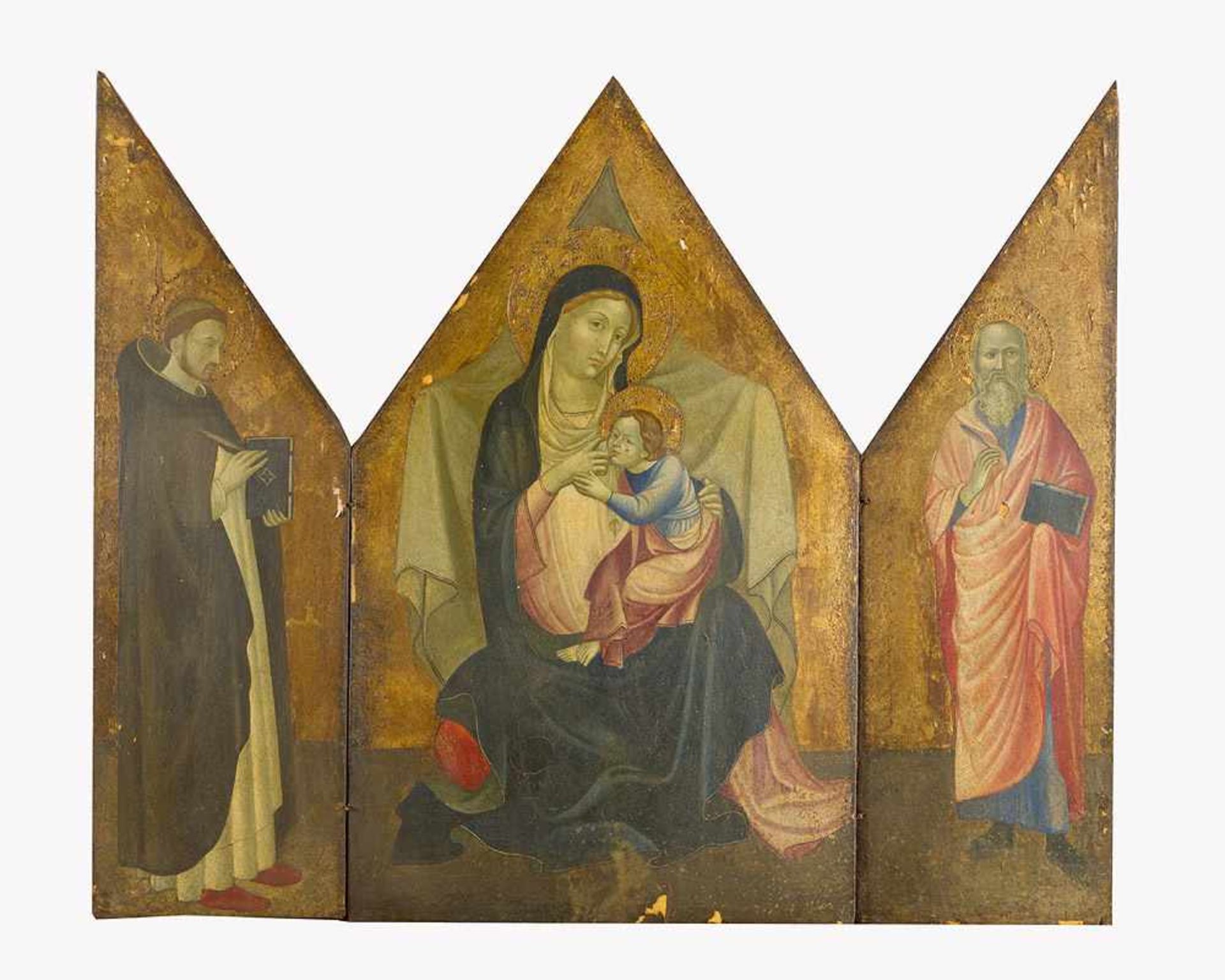 Agnolo Gaddi (1345-1396)-school, Triptych with Maria and Jesus in the centre with halo, sitting on a