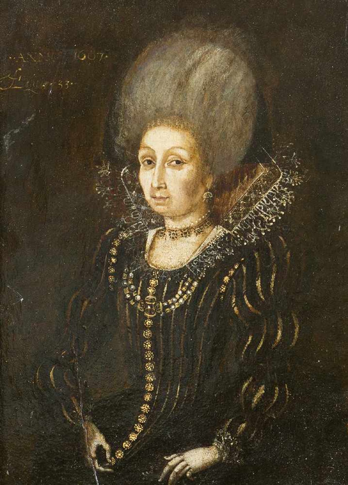 English School around 1600, Portrait of an elegant lady; painted in grisaille technique on oak - Bild 2 aus 3