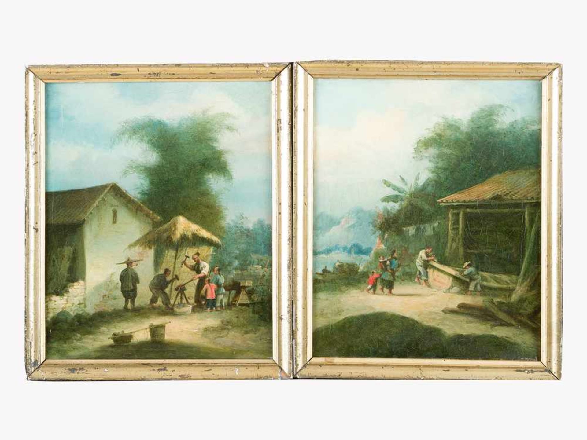 George Chinnery (1774 – 1852)-attributed, Pair of paintings with Chinese locksmith and carpenter;