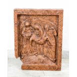 Stone Epitah, quadratic shape with the Descent from the Cross; sculpted in red marble; possibly