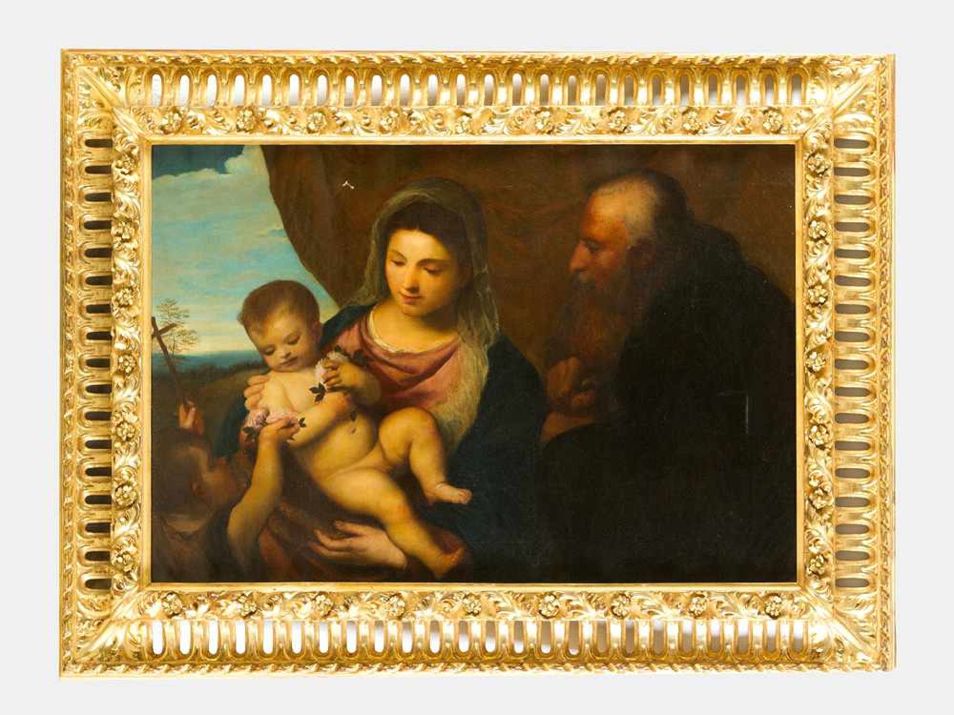 Titian (1488-1576)-after, Madonna with Jesus and St. John with priest in front of a curtain, with